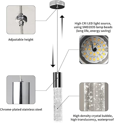 Miniatura 5 de OKELI Lámpara colgante moderna luces LED de cristal de burbujas para isla de cocina mini luces cromadas para isla de cocina comedor dormitorio