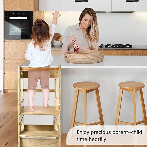 Miniatura 4 de ECOMEX Taburete de cocina de pie para niños pequeños, taburete de aprendizaje de altura ajustable con riel de seguridad extraíble para dormitorio,
