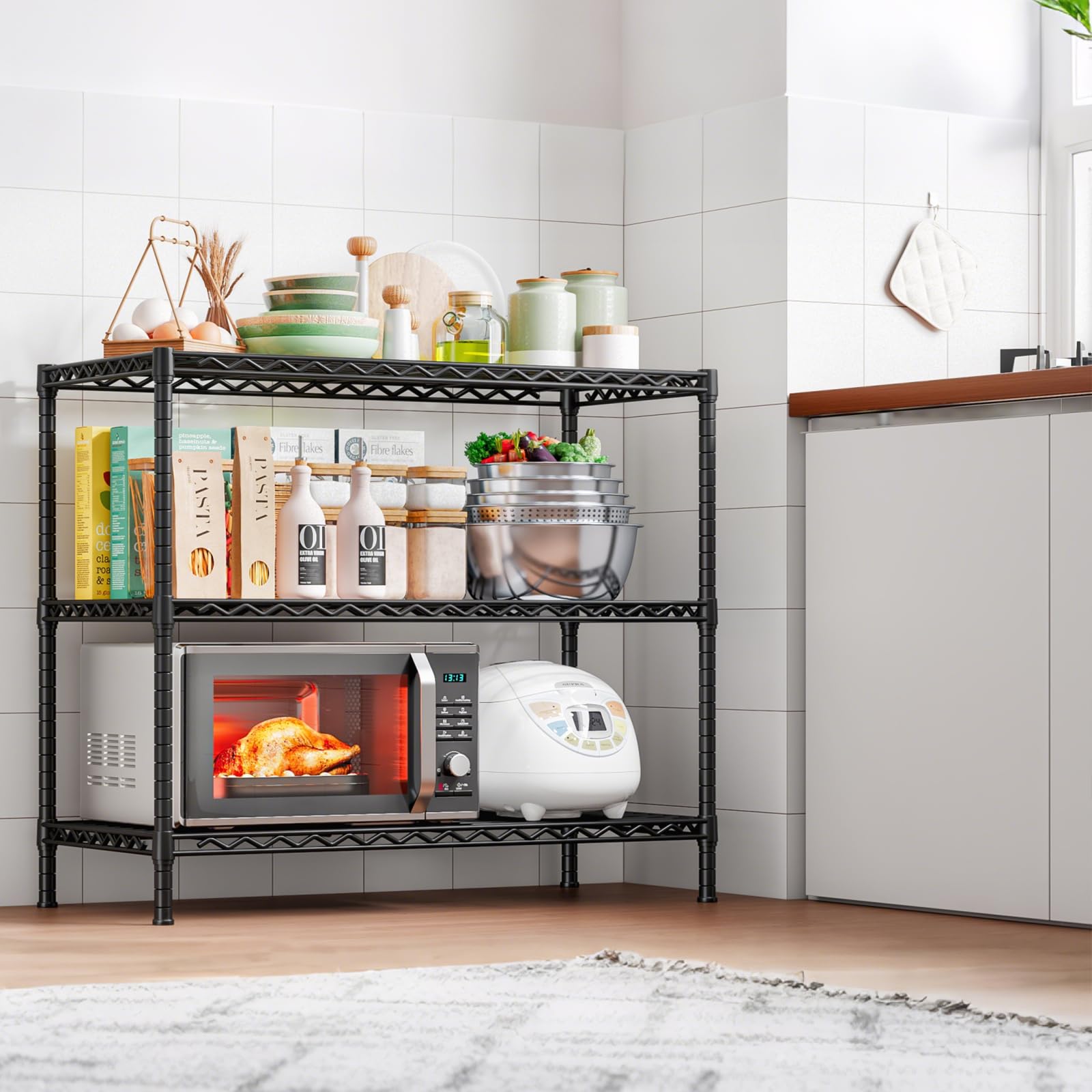 Estante Metálico de 3 Niveles,Ajustable,35.6x14x36,Negro | Estantería Resistente Para Cocina, Despensa, Garaje, Baño ,Cina, Despensa, Garaje, Baño