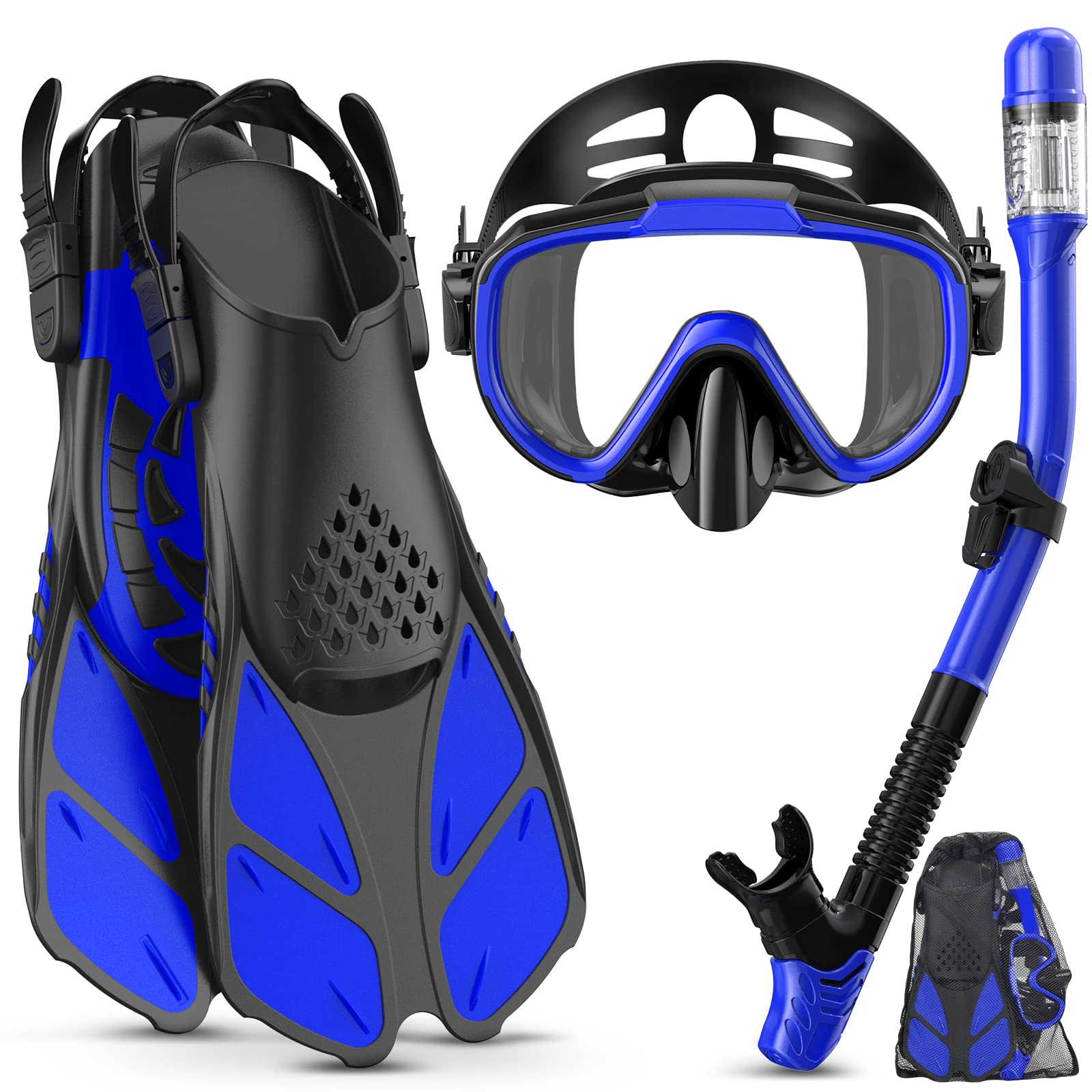 Lealinga Snorkel Set Adult with Flippers, Anti-Fog Diving Set, Dry Snorkel, Adjustable Flippers, Snorkelling Packages for Men and Women