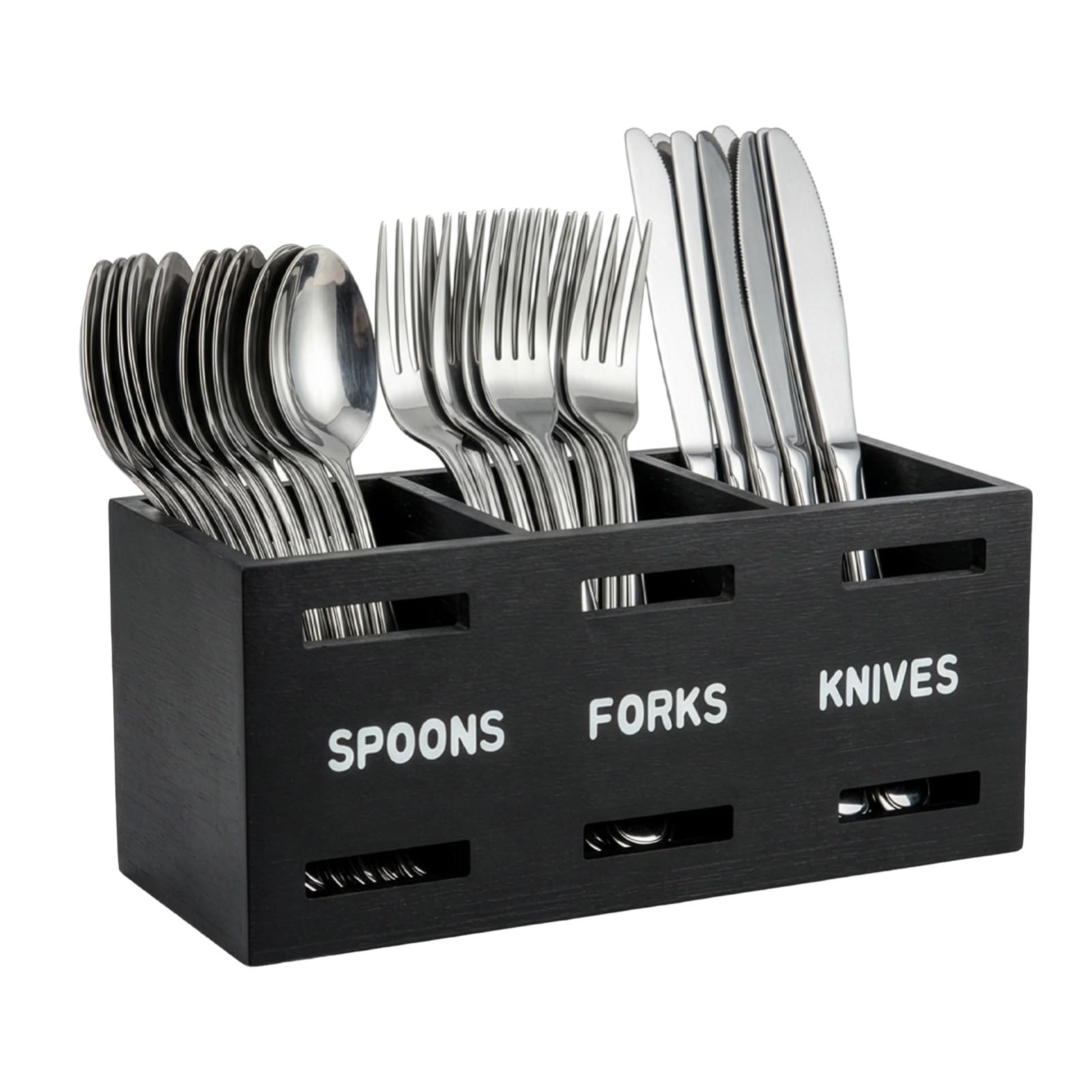 BLOMZA Wood Cutlery Holder Caddy Organizer 3 Compartments Large Capacity Kitchen Utensil Storage for Forks Spoons Knives Black Wooden Flatware Caddy for Countertop Dining Table Party Picnic