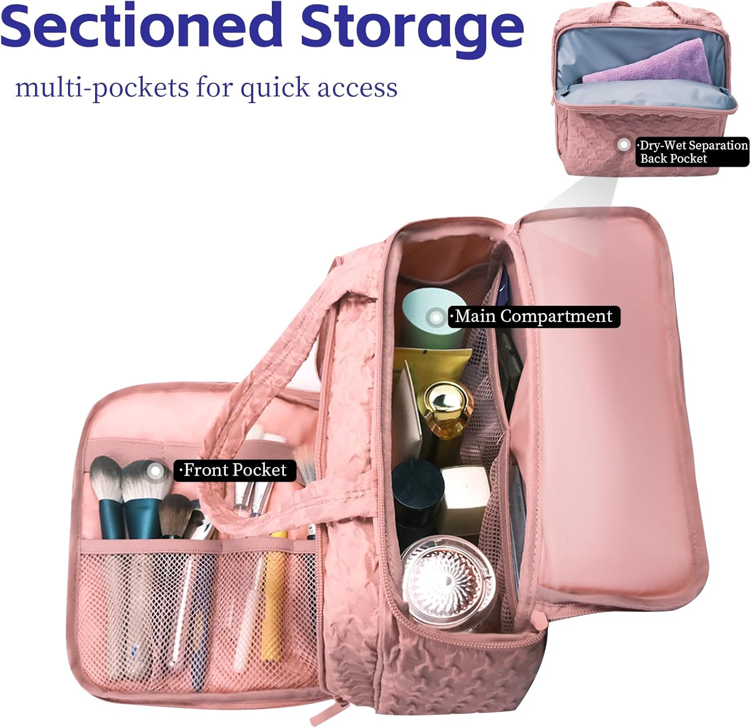 Travel Toiletry Bag for Women, Quilted Puffy Makeup Bag with Wet-Dry Compartments - Portable Cosmetic Organizer for Vacation, Camping, Weekend Trips, Pink﻿ - Image 6