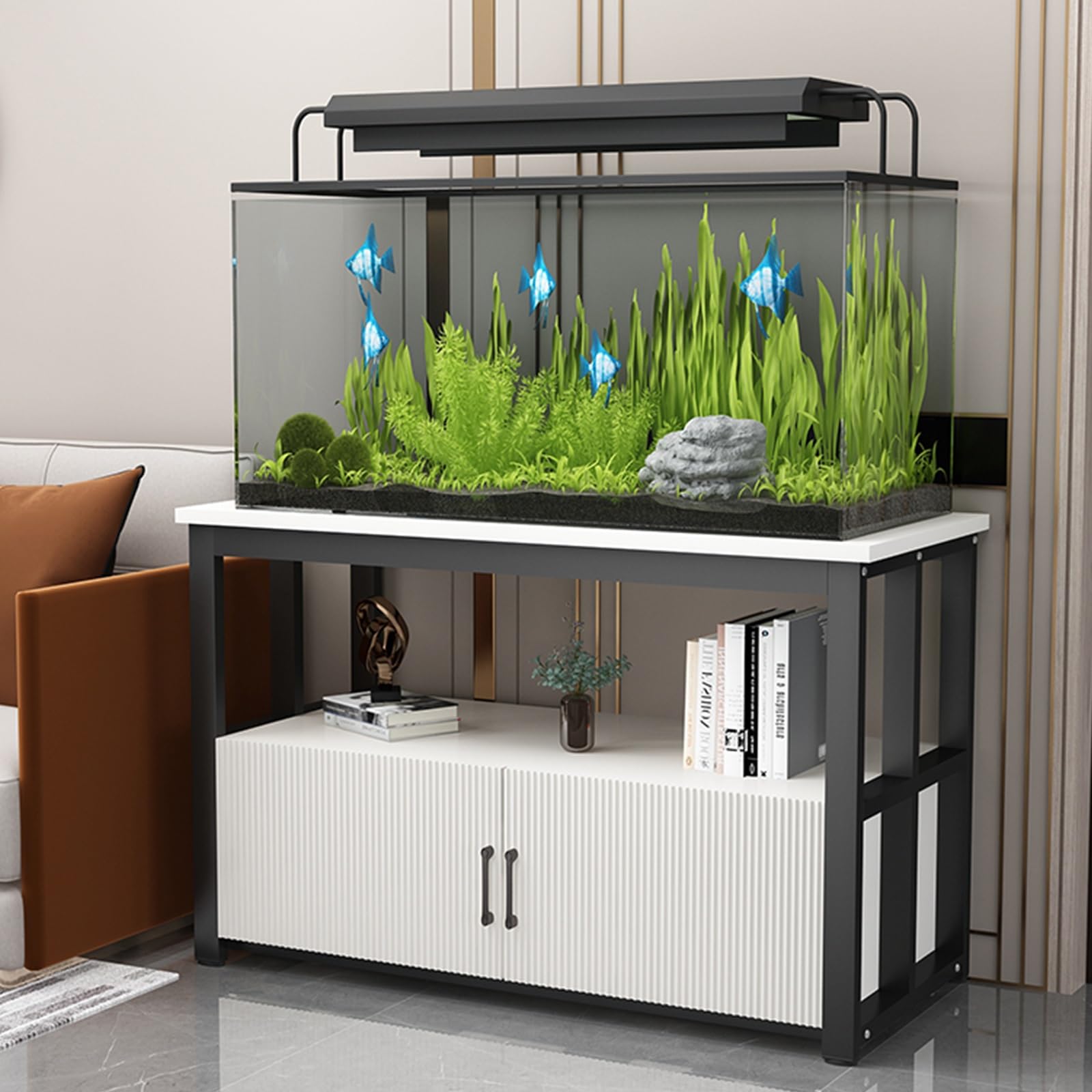 FORRTY Fish Tank Rack With Storage Cabinet, Aquarium Stand, 2-Tier Design, 40-120cm Length, Space-Saving, Heavy Load Capacity, With Doors And Shelves, Perfect For Living Room, Restaurant(Black+white,5