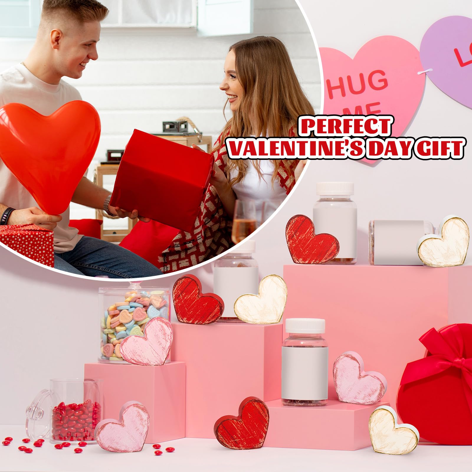 FYSUIMU 12 cartelli da tavolo in legno retrò per San Valentino, a forma di cuore, centrotavola rustico, rosso, rosa, bianco, vassoio decorativo per anniversario di matrimonio, casa, fattoria