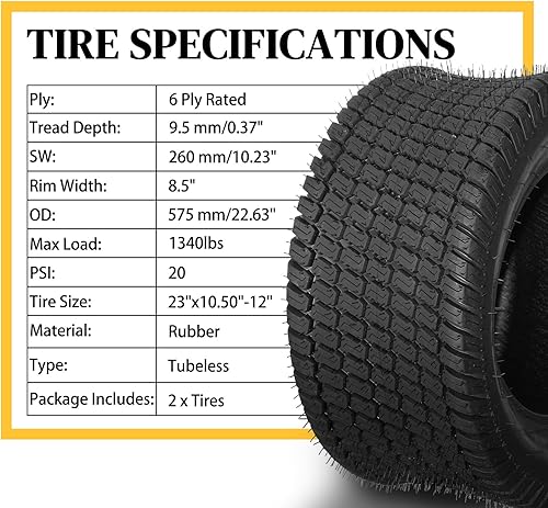 Miniatura 2 de AutoForever 23x10.50-12 Lawn Mower Tractor Tires 6 Ply 23x10.5x12 Garden Golf Cart Turf Tires Set of 2