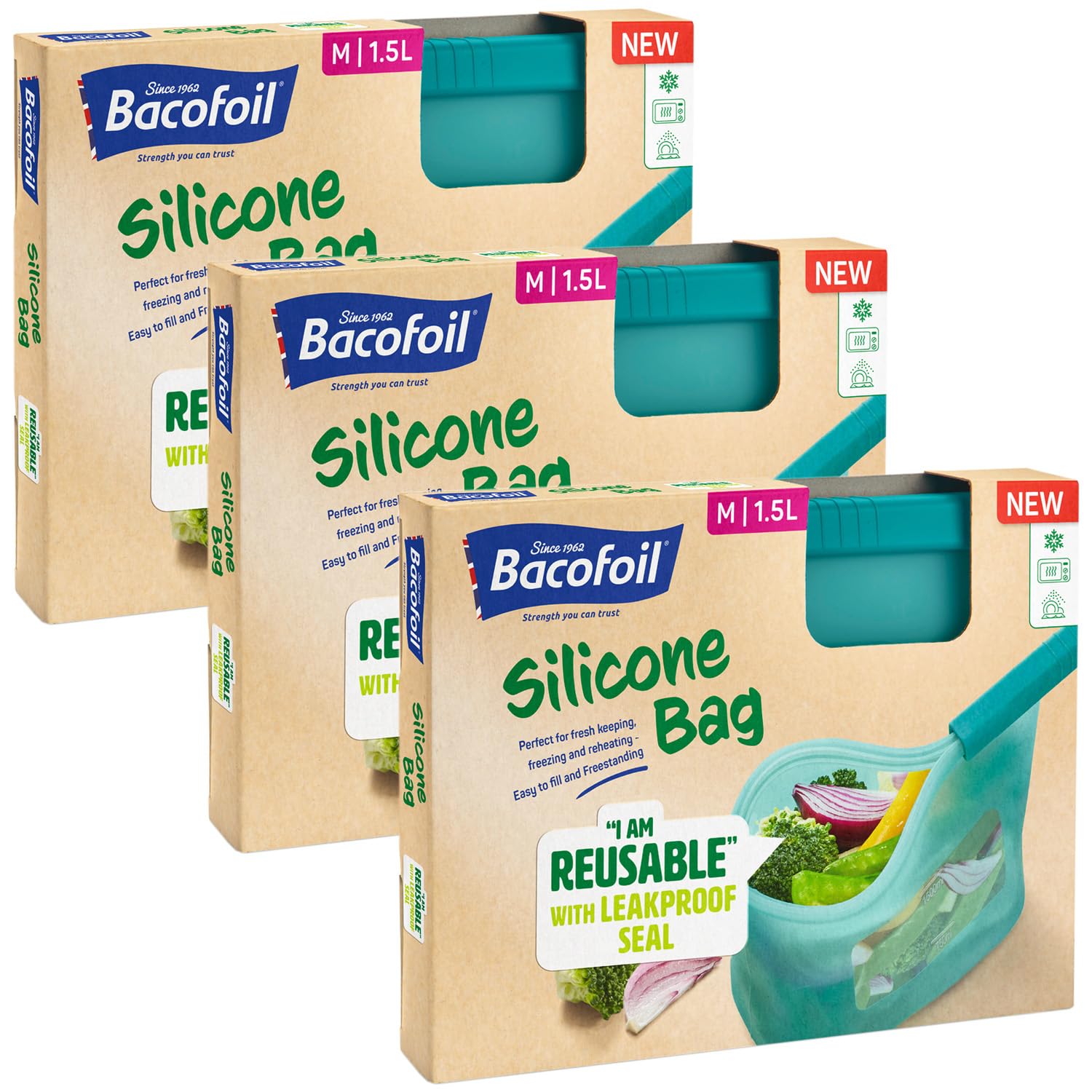 Bacofoil Reusable Silicone Food Bags - Food Storage for Fresh Produce, Meal Prep, Soups - Reusable Freezer Bags for Fresh Keeping, Freezing & Reheating - Microwave & Dishwasher-Safe, 1.5L, 3-Pck
