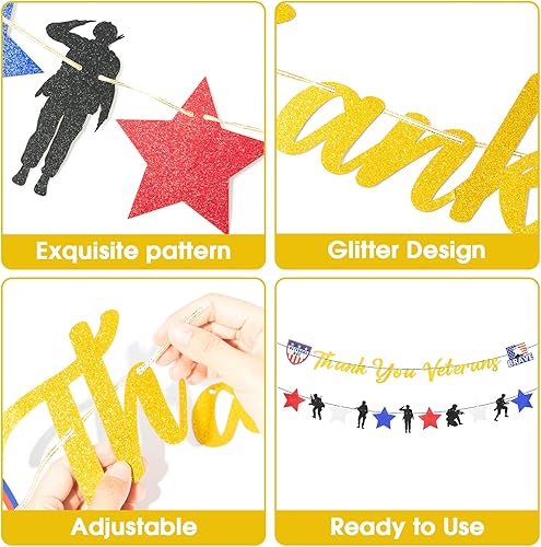 Miniatura 3 de 2 pancartas doradas con purpurina de agradecimiento de veteranos, Día de los Caídos patrióticos para fiestas del Día de los Veteranos, decoración de