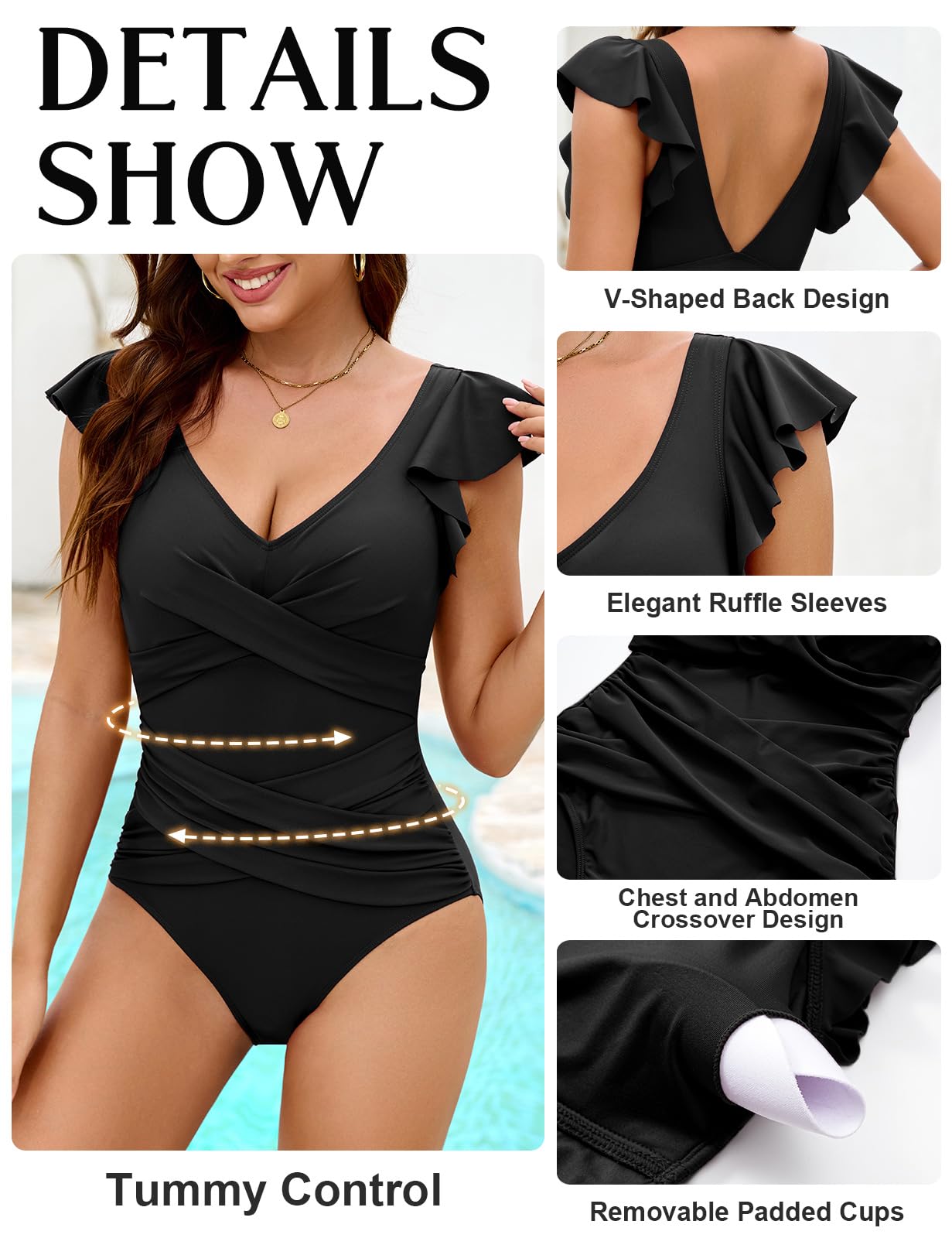 Nadeer Bañador Mujer Reductor Barriga Bañador Una Pieza Manga con Volantes Sexy Push Up Doble Cruz Traje de Baño Vientre Plano para Playa