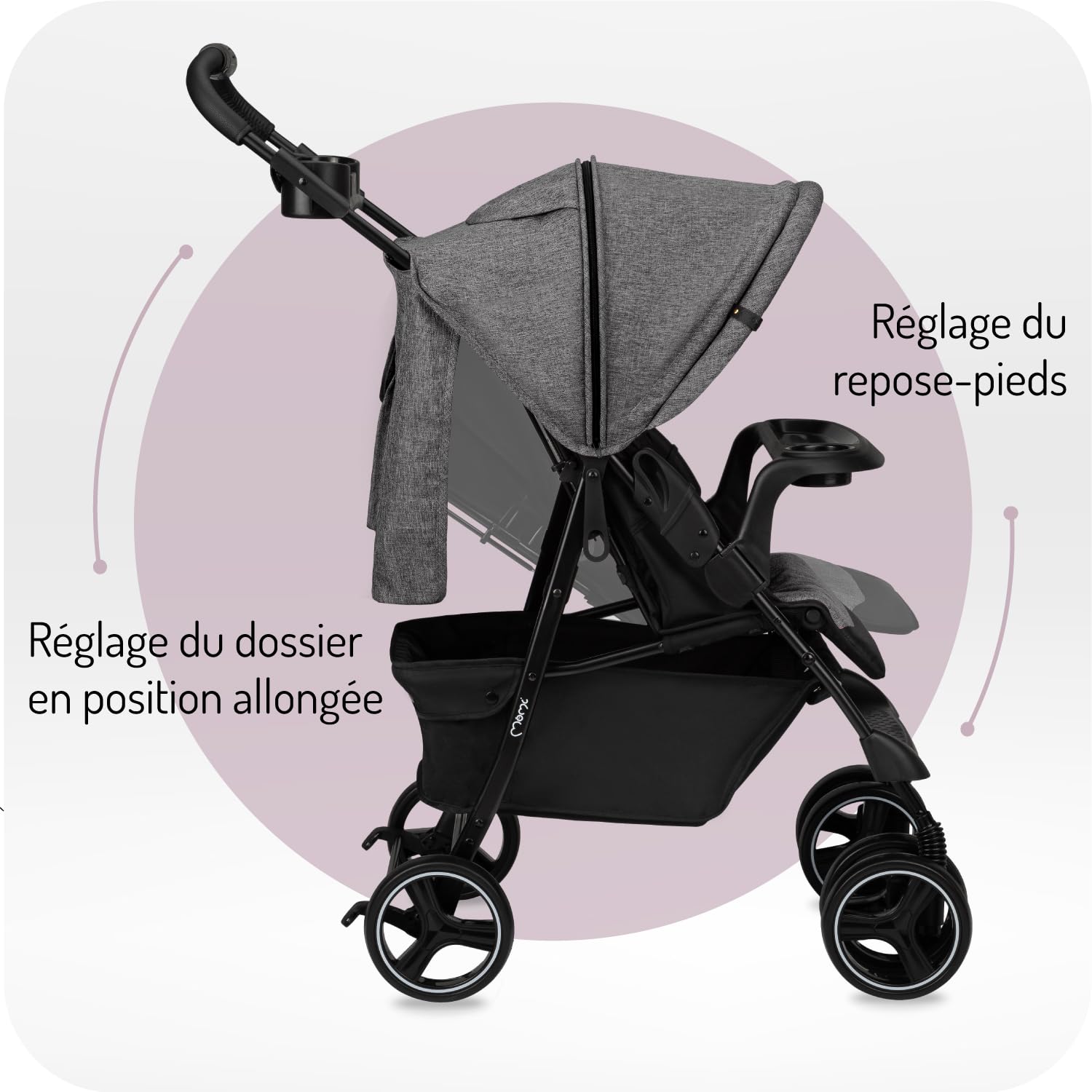 Poussette MoMi ISLA 6 mois 15 kg harnais 5 points panier couvre-pieds porte-gobelet plateau goûter sac couches