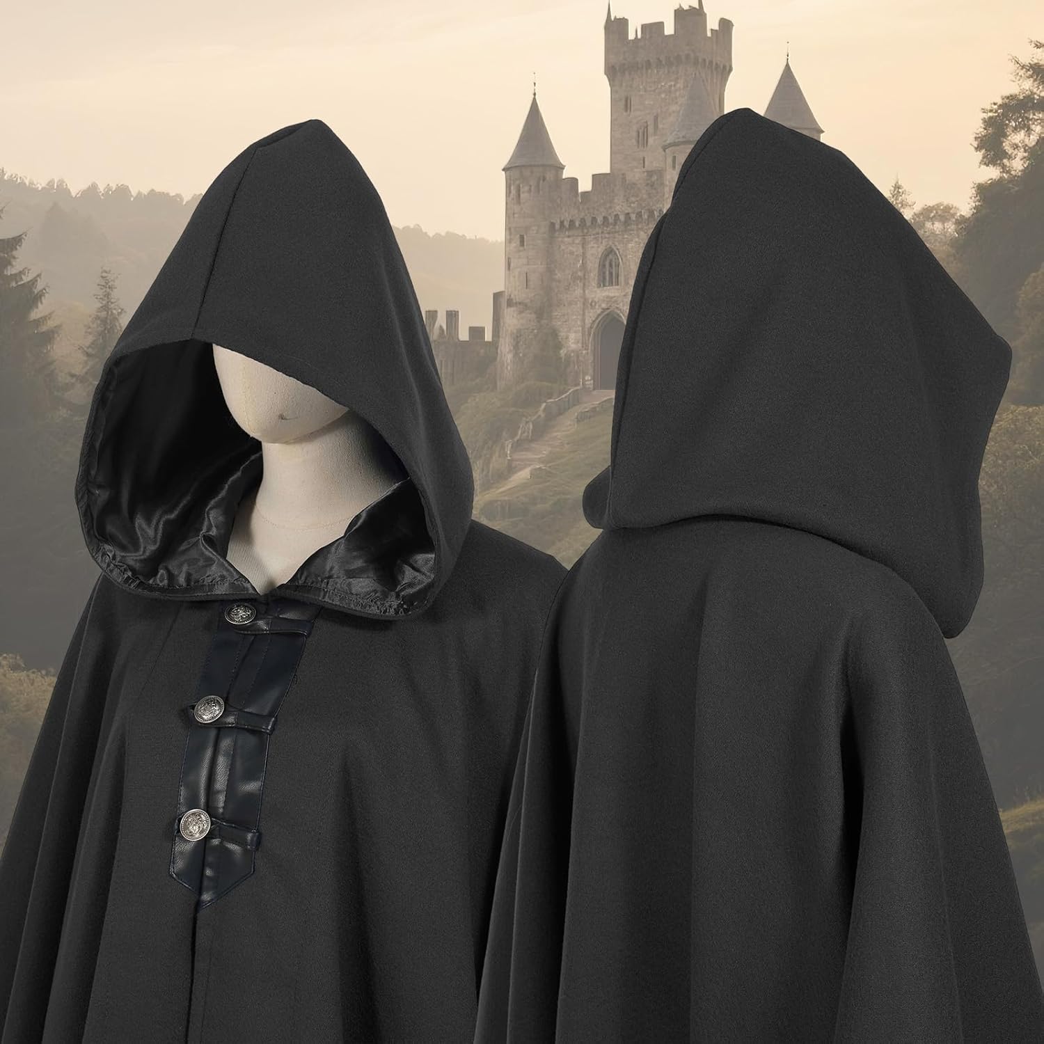 Short Woolen Renaissance Cloak with Hood, Medieval Hodded Cloak for Women Man, Hobbit Halloween Costume - Image 4