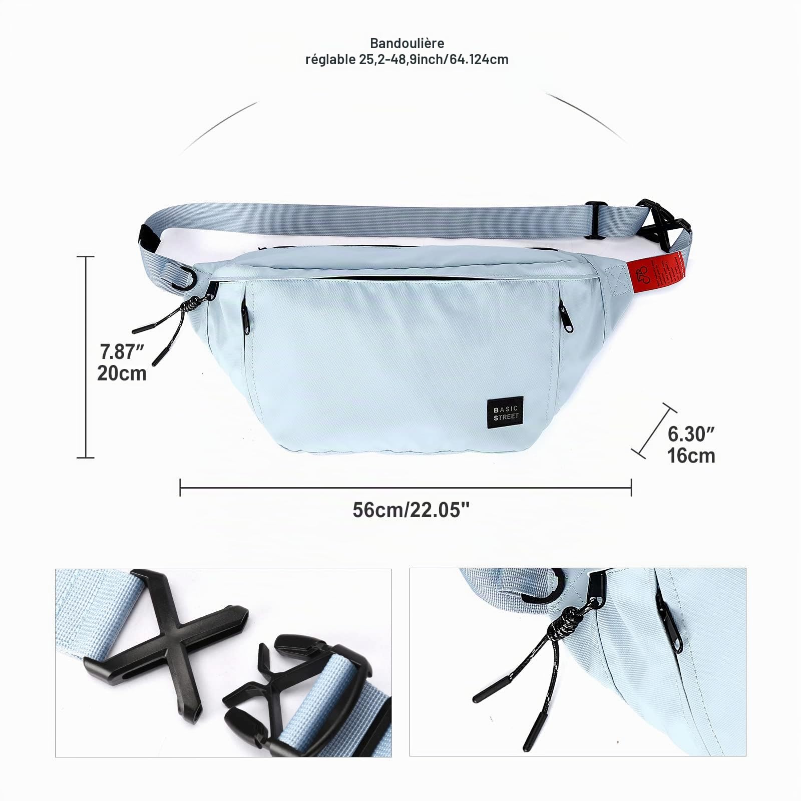 Grand sac banane à bandoulière pour homme et femme, sac banane imperméable avec sangle réglable et 5 poches zippées, bleu ciel, Large