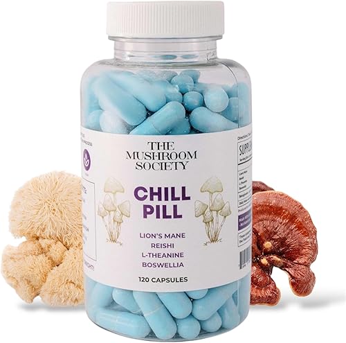 Chill Pill - Mezcla de extracto de melena de león, reishi, L-teanina y boswellia - Suplemento de hongos para relajarse, recuperarse y recargar - 120