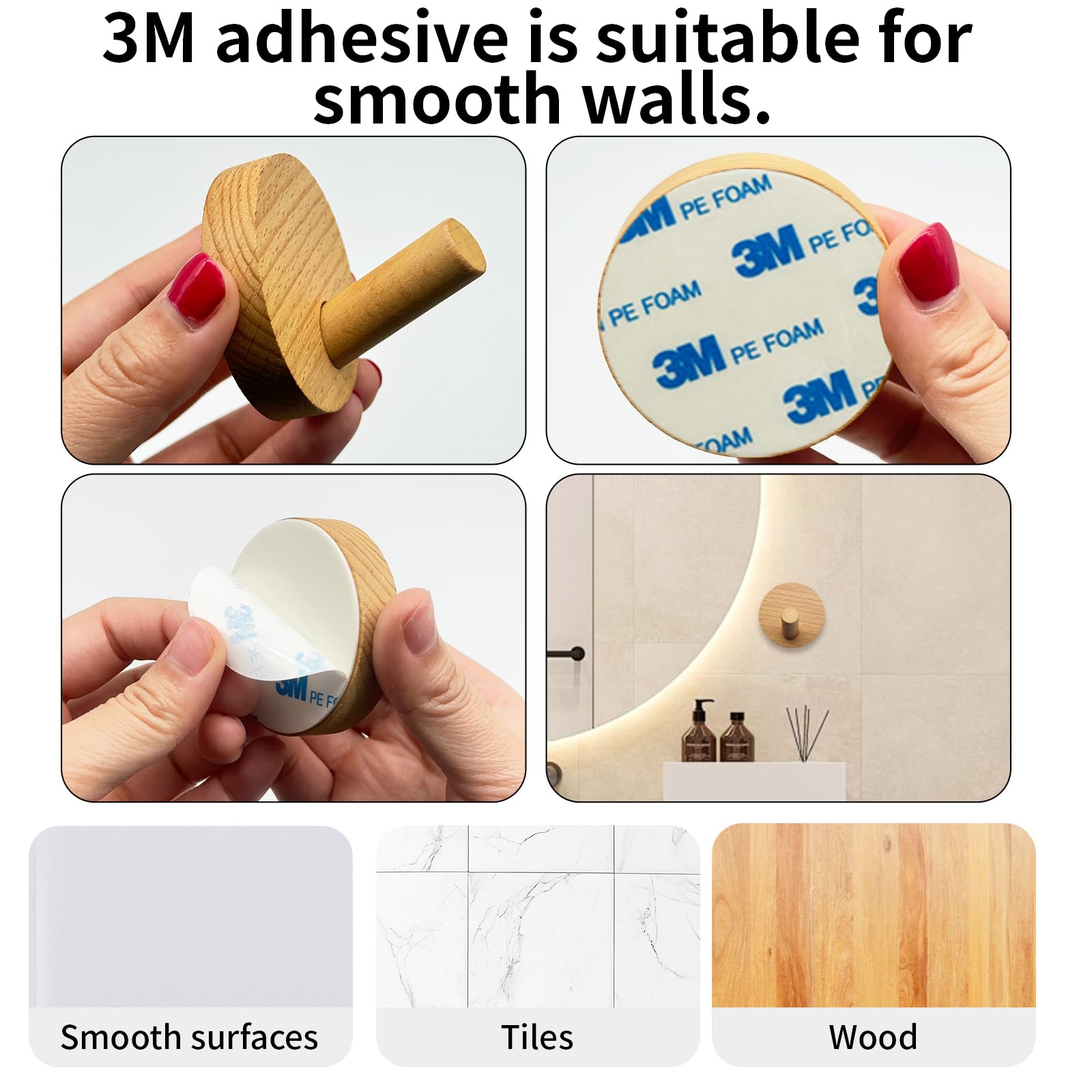 Lot De 4 Crochets Adhésifs En Bois De Hêtre - Porte-manteau Mural Sans Perçage, Charge 2kg - 6