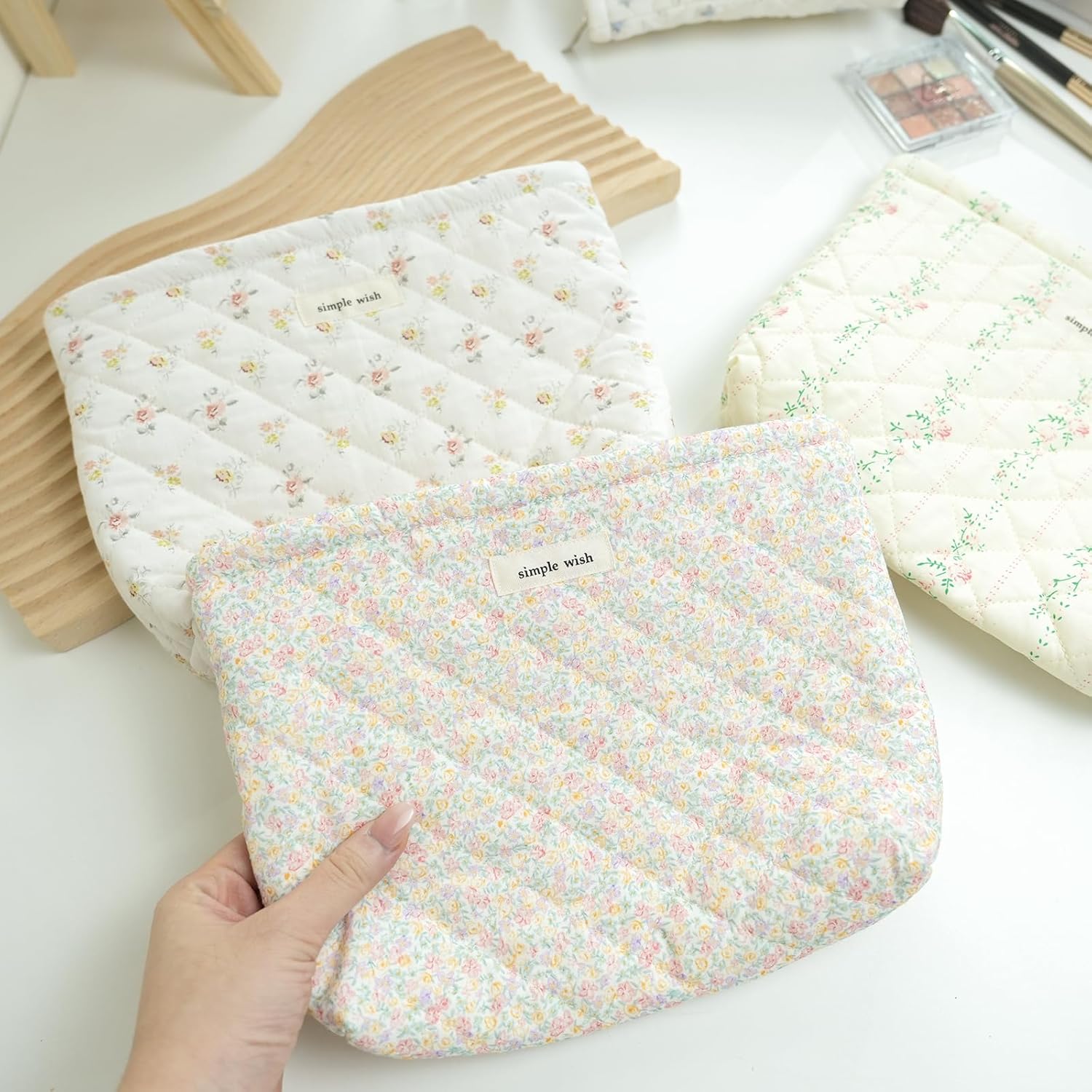 Floral Makeup Bag Cotton Quilted Small Cosmetic Bag Organizer, Cute Garden Aesthetic Coquette Portable Zipper Pouch Toiletry Purse for Women Girls Travel accessories(Light Pink Purple Floral-L) - Image 5