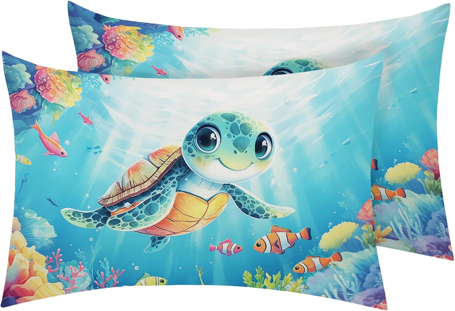 Sea Turtle Pillow Cases King Size Set of 2 - Soft Breathable Microfiber Pillowcases with Envelope Closure, Ocean Animal Coral Patterned Pillow Covers, Turtle Decor