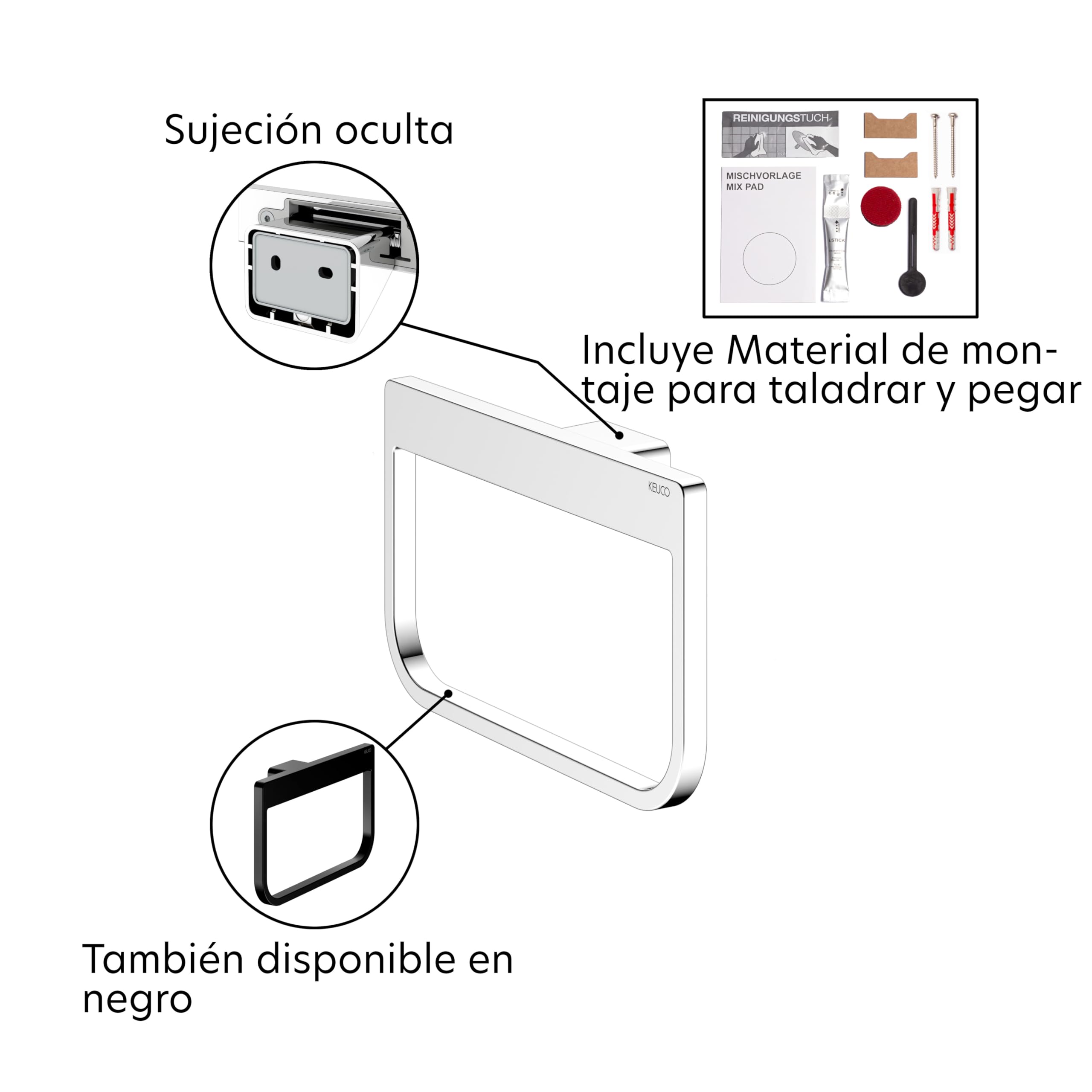 Keuco Rose toallero Anillo 24 cm, Cerrado, sin perforar, Metal Cromado | incl. juego de pegado y juego de tornillos, toallero barra para pegar o enroscar
