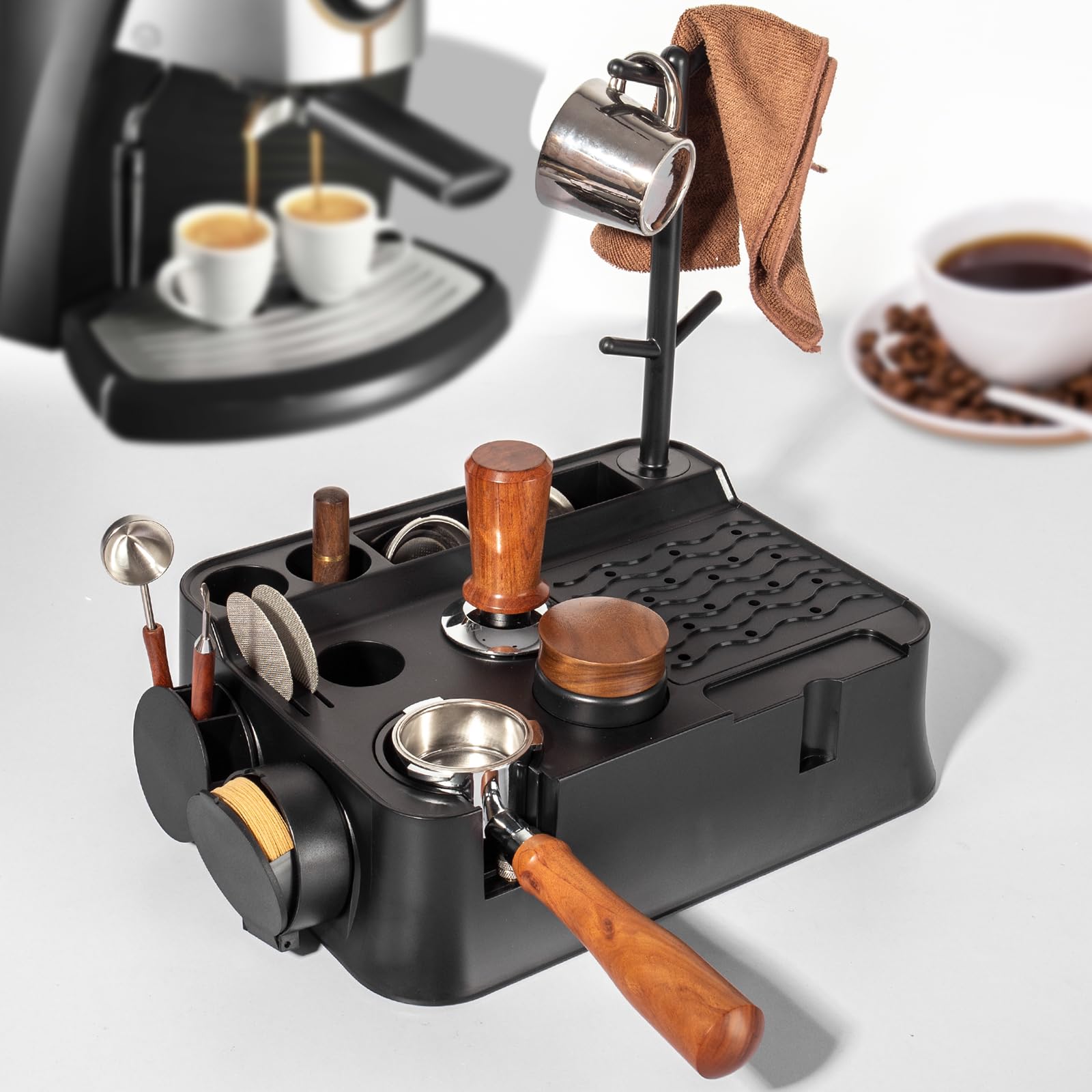 Station De Tamper 7 En 1 ABS Pour Porte-Filtre 51-58 Mm - Station Tamping Barista Avec Bac à Marc Amovible