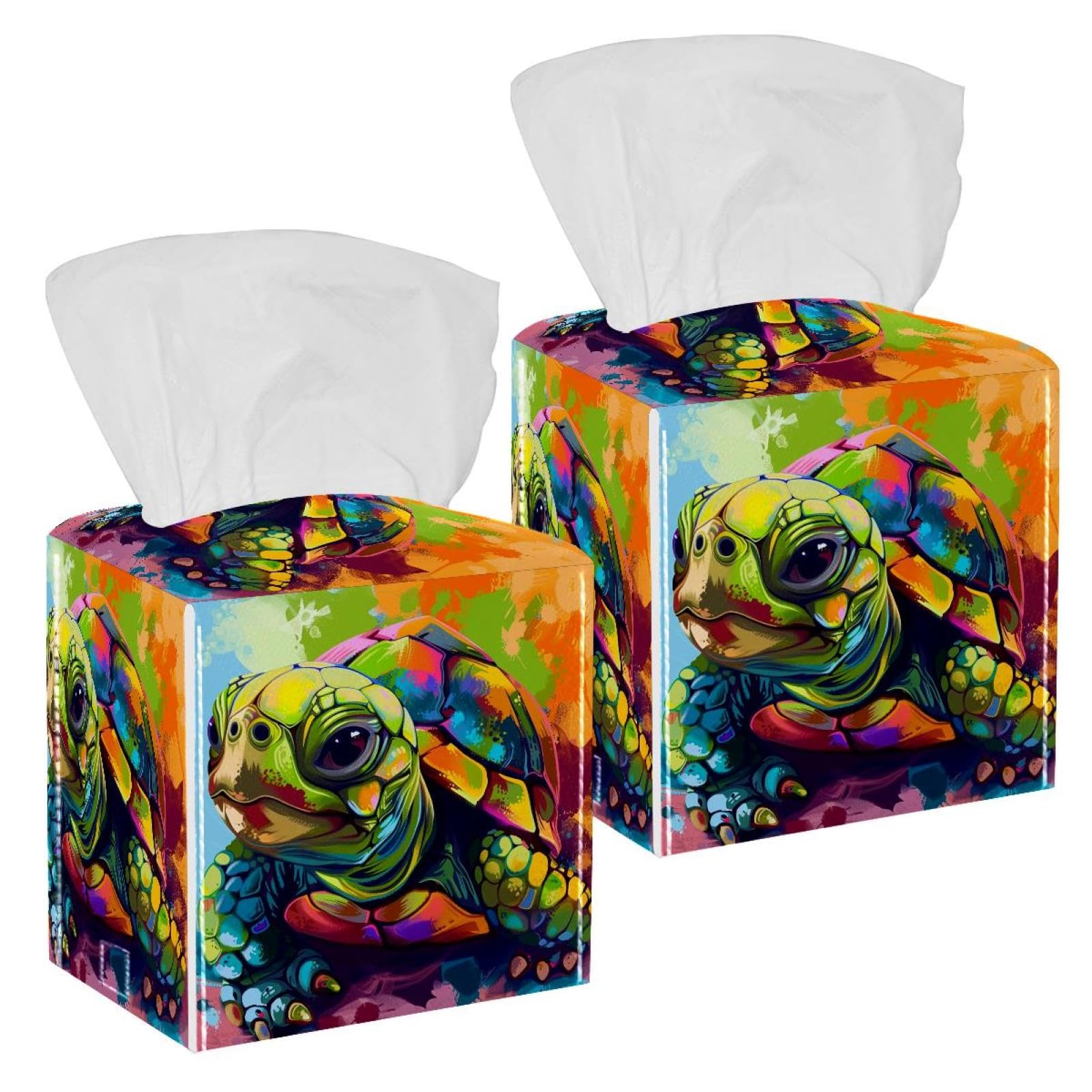 Turtle Colorful Tissue Box Cover, 2 Pack PU Leather Square Facial Tissue Dispenser Box holder for Home Office Car