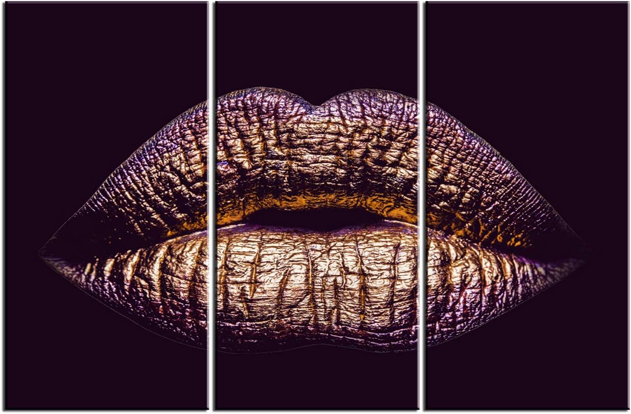 Woman Gold Lips Wall Decor Canvas Prints Makeup Purple Lip Art Pictures Posters Framed Living Room Bedroom Beauty Salon Bathroom Home Decoration Ready to Hang(48''Wx32''H)