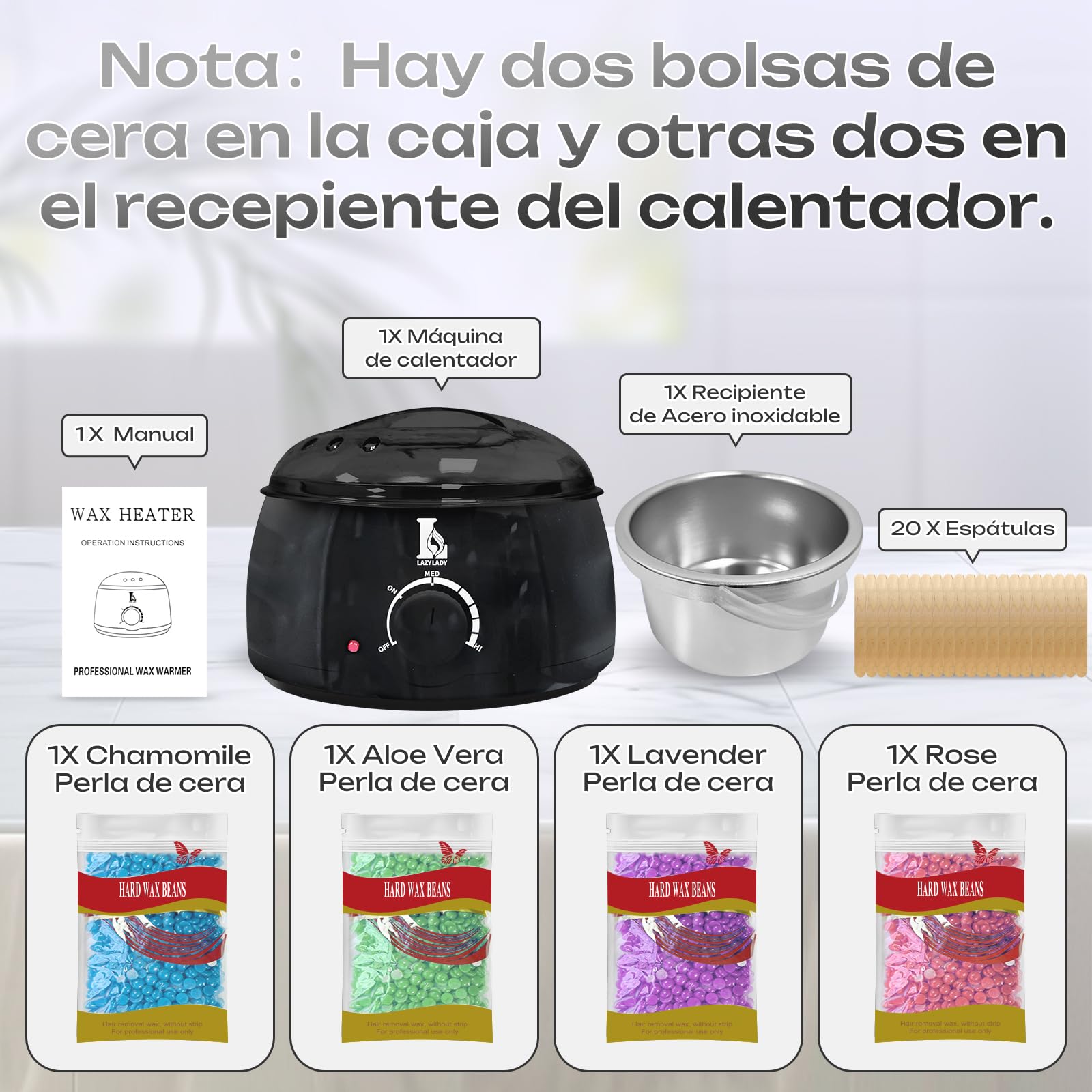Calentador de Cera Depilatoria Profesional - Máquina de Cera Caliente para Depilación Rápida en Cara, Axilas y Cuerpo, Kit Completo 4 Ceras, Compacto, Portátil y Seguro para Piel Sensible (Negro)