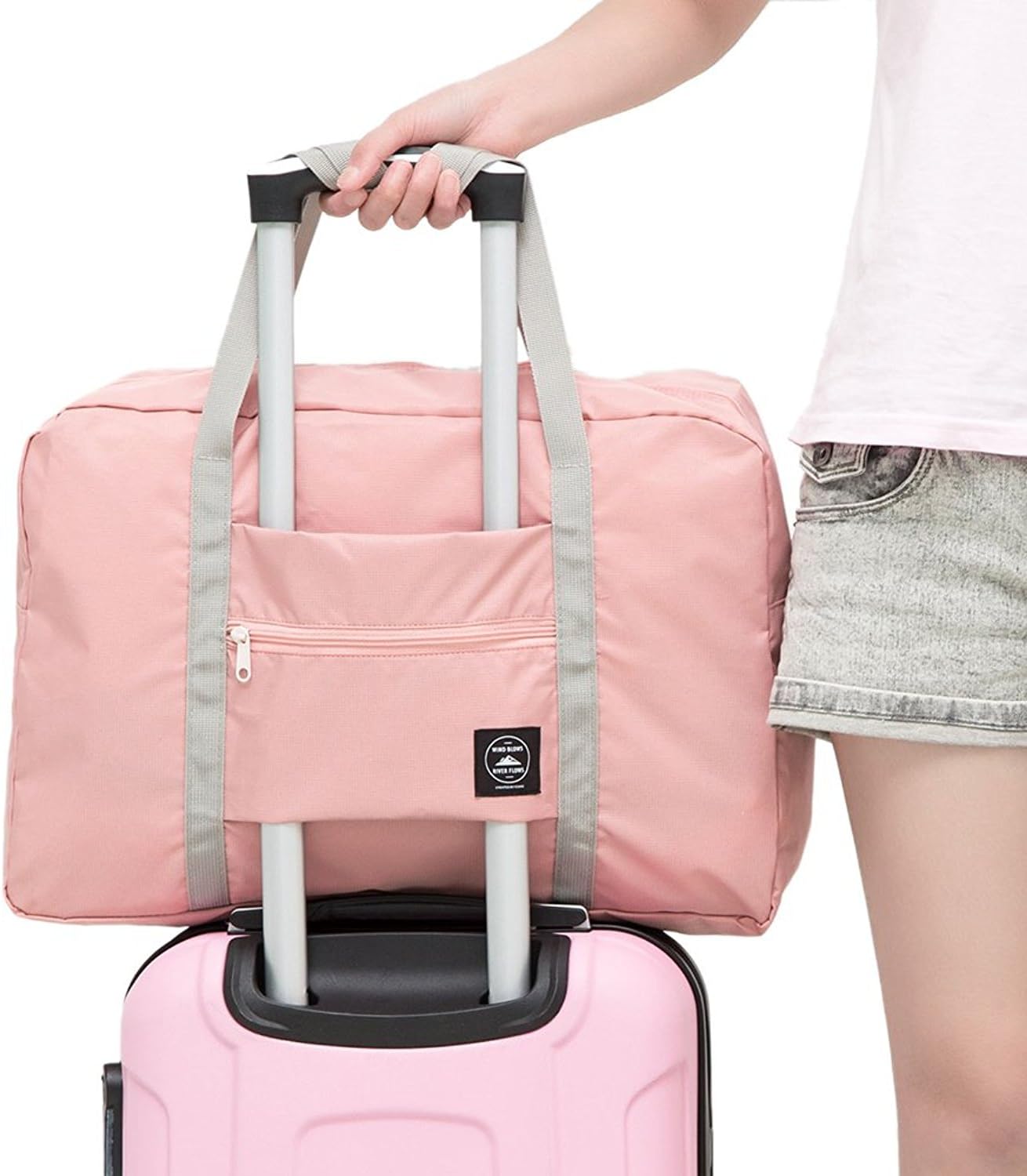MingYu Travel Foldable Waterproof Tote Bag Carry Storage Luggage Handbag with Zipper (Pink)