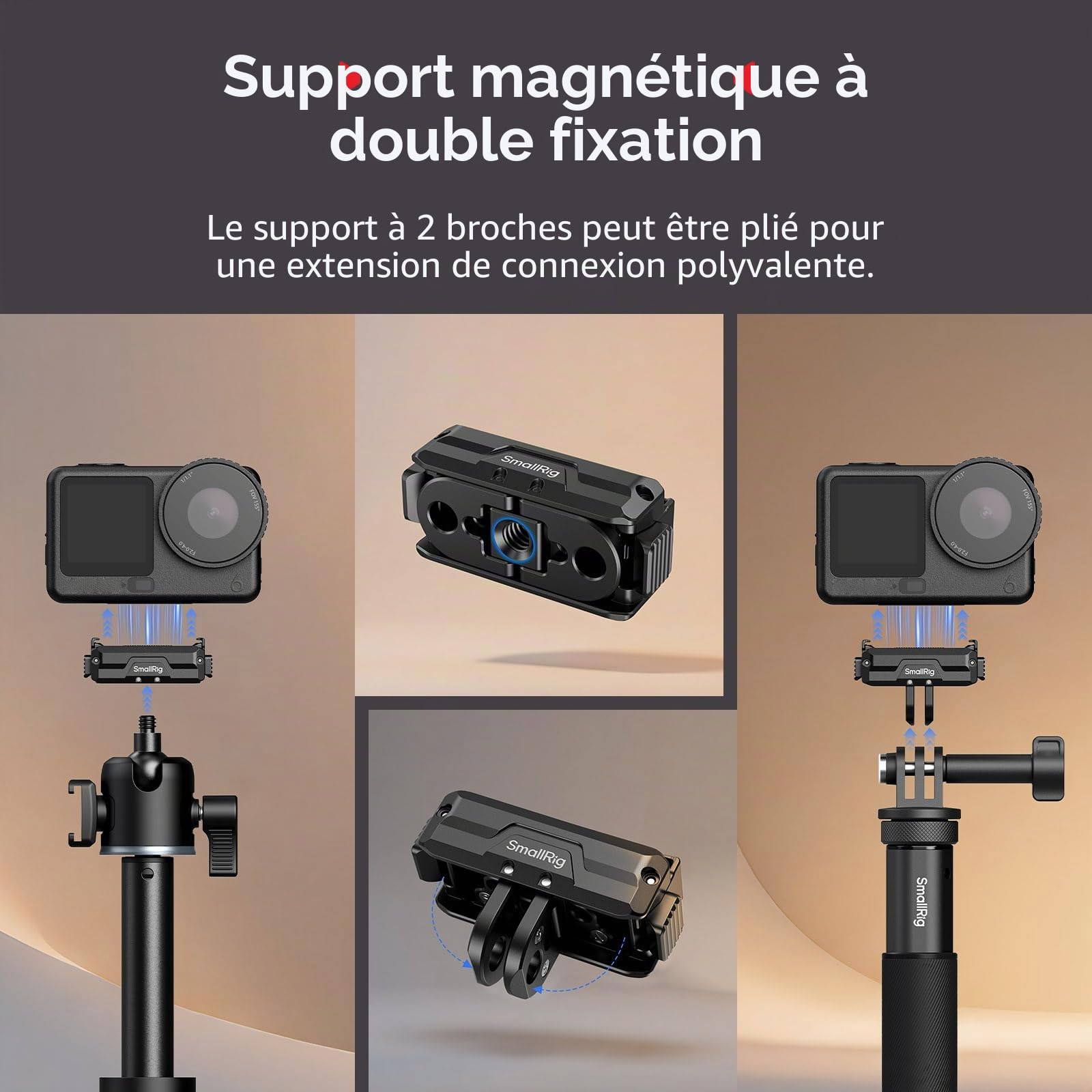 SMALLRIG Support magnétique Double pour DJI Osmo Action 6/Osmo Nano, Adaptateur magnétique Pliable à dégagement Rapide bidirectionnel avec Fixation à 2 Broches et Filetage 1/4"-20-5890