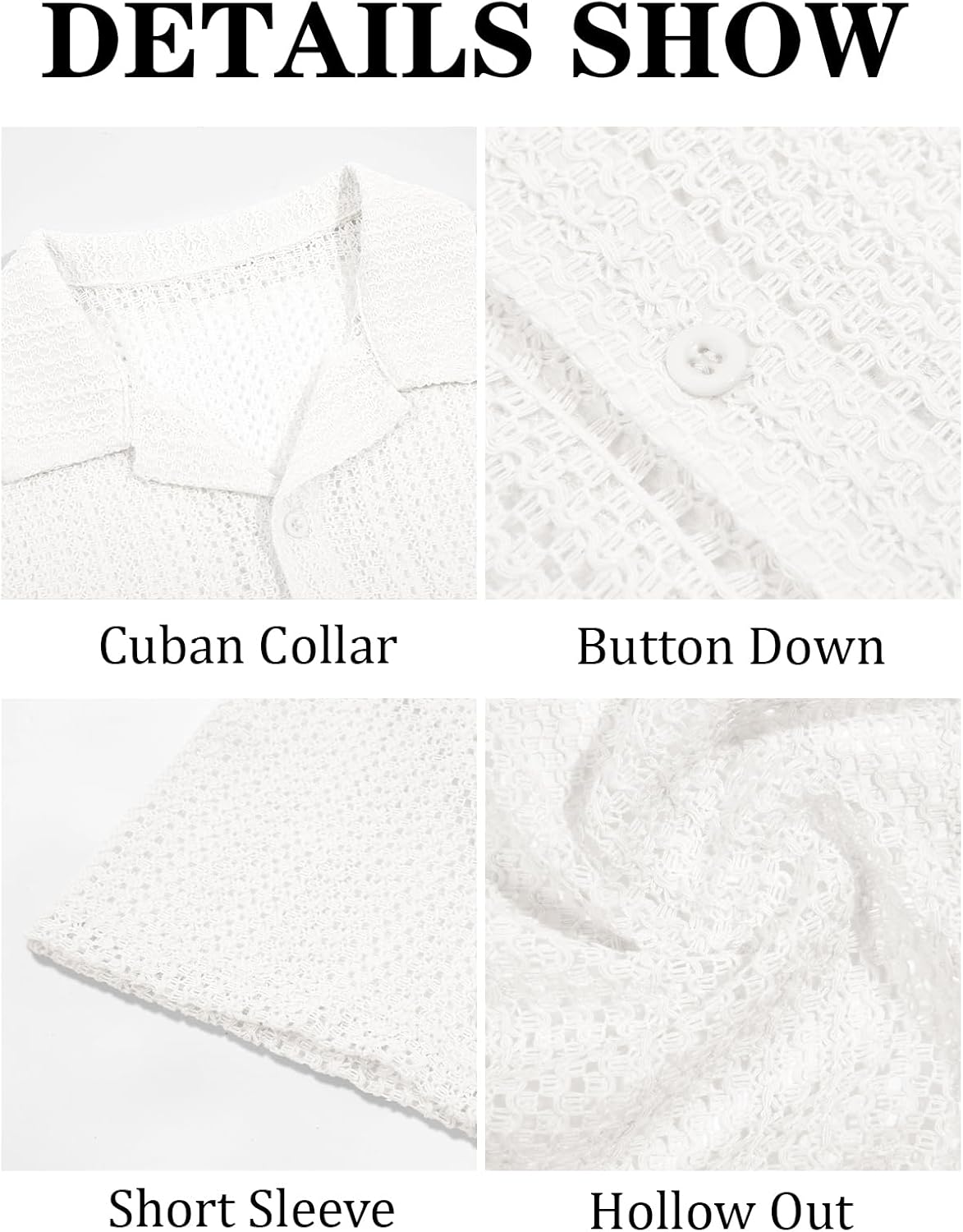 Runcati Mens Button Down Shirts Short Sleeve Hollow Out Knit Shirt Cuban Collar Casual Crochet Beach Summer Tops - Image 5