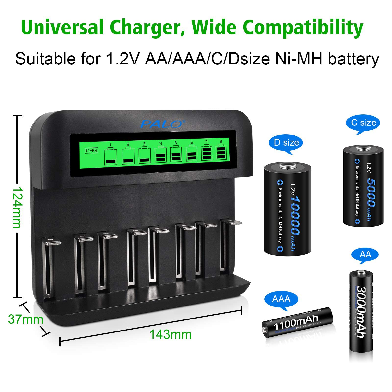 CITYORK Batterie LCD Chargeur Set - pour Ni-MH/Ni-CD AA AAA C D - avec Batteries C 4000mAh (4 pièces)