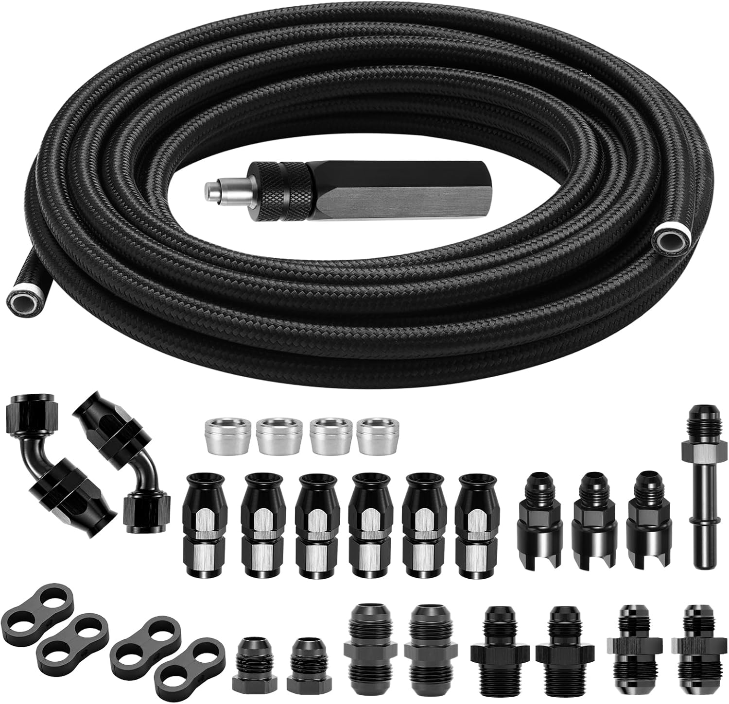 3/8" 6AN 25FT LS Swap Fuel Line Kit EFI E85 Fuel Hose Fitting Kit Nylon Stainless Steel Braided PTFE Fuel Line Kit, With PTFE Hose End Fitting Black