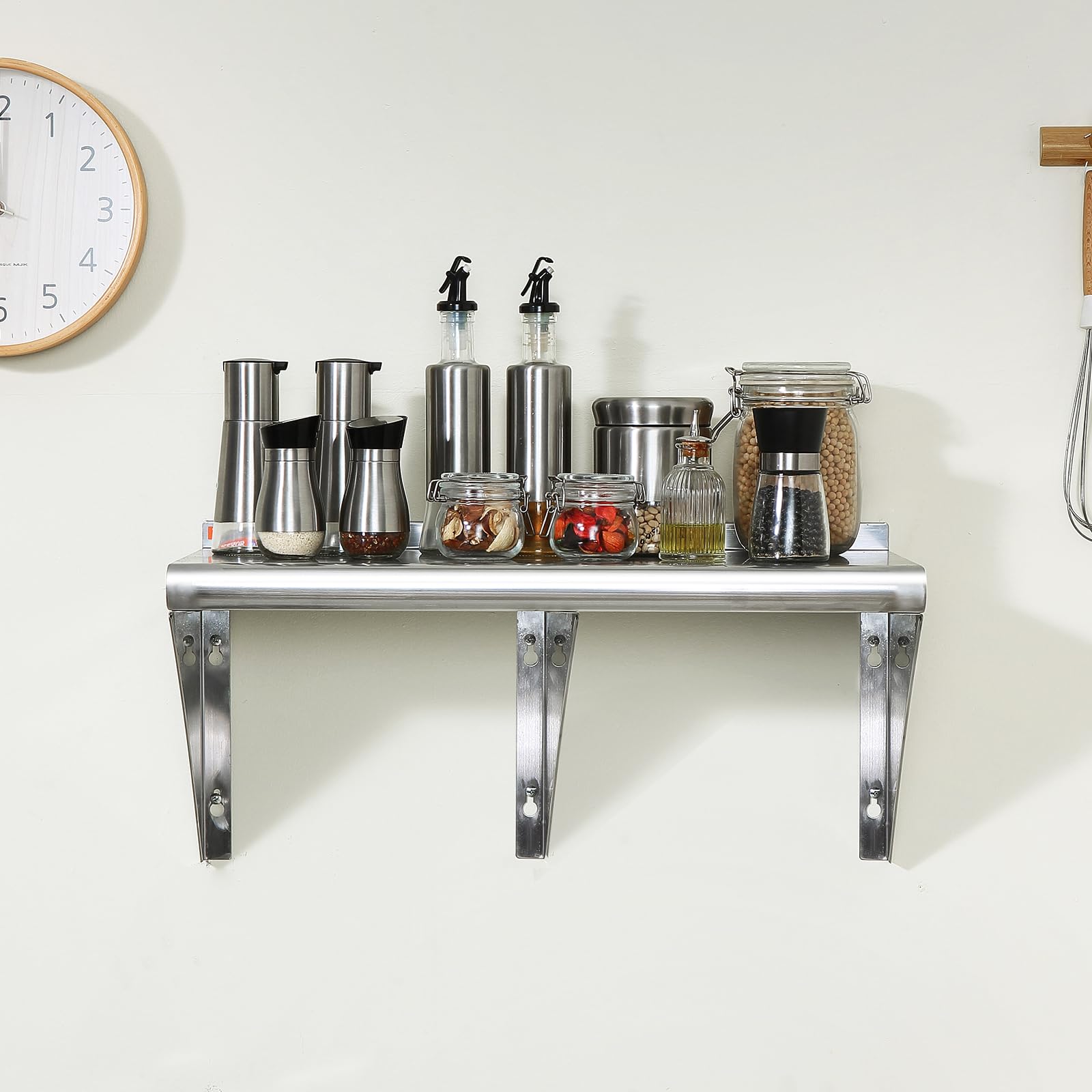 VEVOR Estante de Pared de Acero Inoxidable 1524 x 356 x 63 mm Estante Flotante con Soporte Triangular Carga Máxima de 180 kg Estantería de Pared para Libros Portarretratos Plantas Oficina Baño Cocina