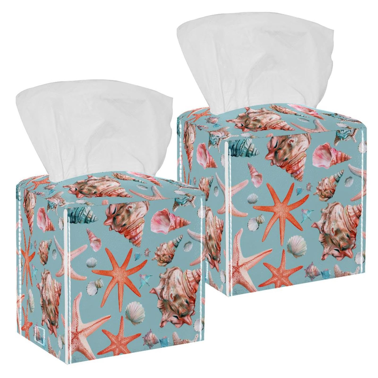 Coral Starfish Conch Tissue Box Cover, 2 Pack PU Leather Square Facial Tissue Dispenser Box holder for Home Office Car