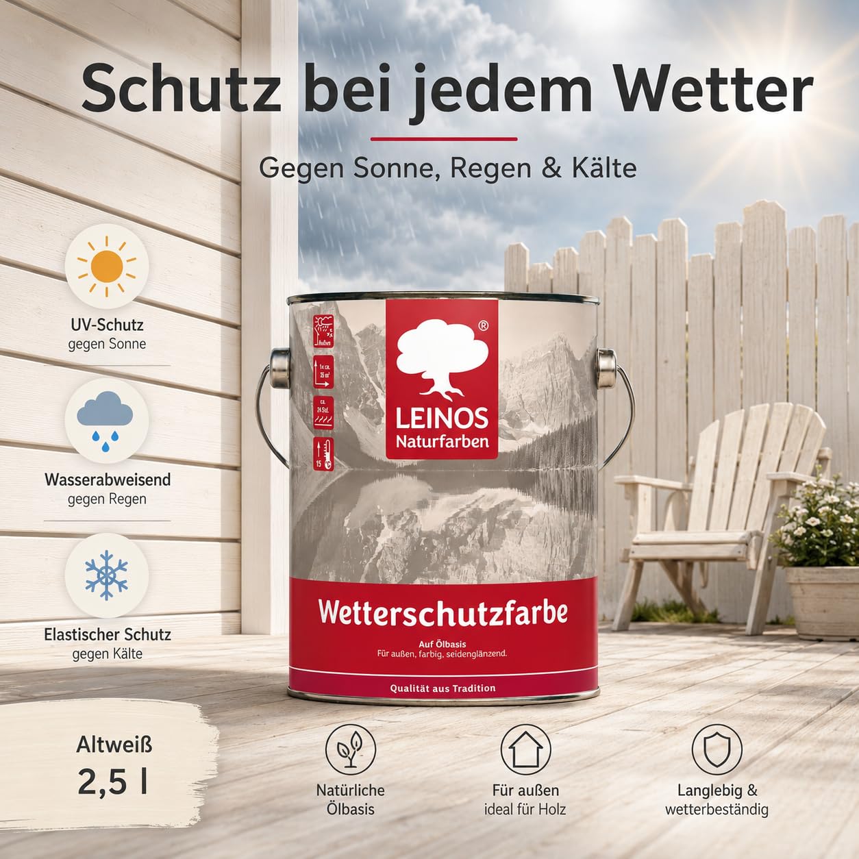 LEINOS Wetterschutzfarbe 2,5 l | Altweiß Holzlasur für Holzfassaden Fenster Gartenhäuser | wetterbeständige Deckfarbe, effektive Versiegelung, langanhaltender Schutz auf Ölbasis im Außenbereich