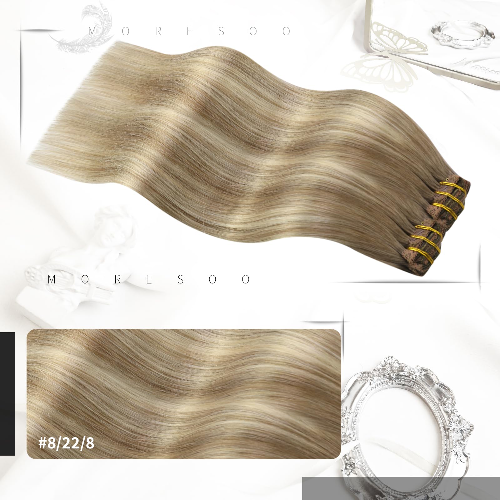 Moresoo Clip in Hair Extensions Real Human Hair 18 Inch Balayage Light Brown and Medium Blonde Clip in Human Hair Extensions Remy Straight Lightweight All Day Use 5pcs/80G #8/22/8 - Image 2
