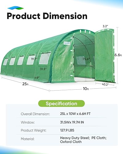 Miniatura 7 de Quictent Invernadero grande mejorado de 25 x 10 x 6.6 pies con 2 puertas oscilantes independientes y 5 aros superiores, galvanizado resistente al