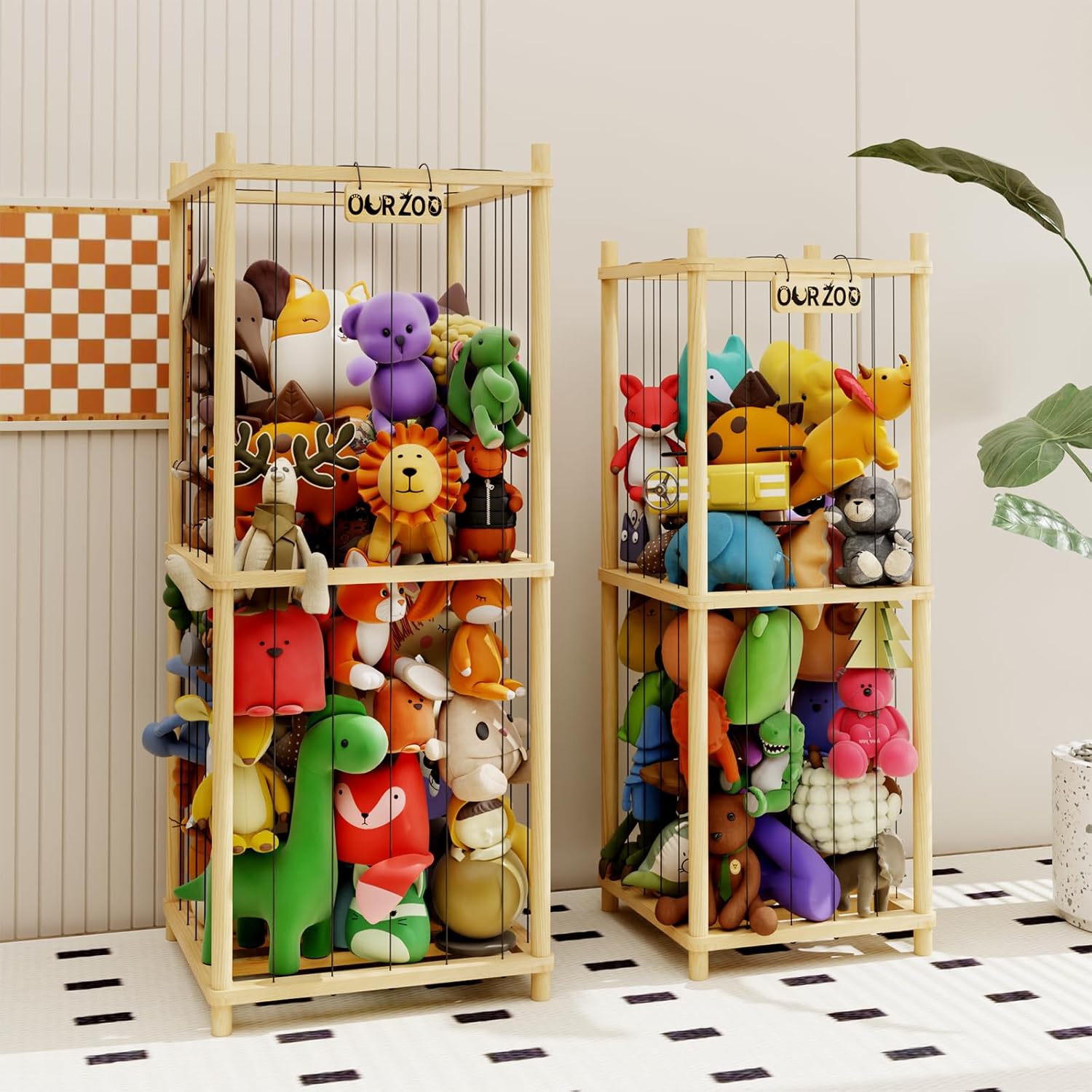 Stuffed Animal Zoo Storage Cage Wooden, Wood Extra Large Stuffed Animal Storage Basket, Toy Storage for Big Stuffed Animals, Large Toy Chest for Kids Girls Boys Toy Organizer Holder