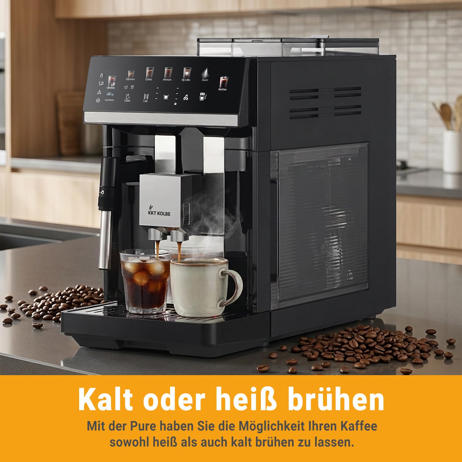 KKT KOLBE Kaffeevollautomat mit Milchschaumdüse, ColdBrew, 15 Bar, 7-stufiges Mahlwerk, Touchscreen, Schwarz Silber