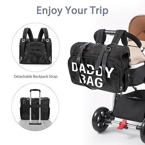 Miniatura 6 de Mochila convertible 4 en 1 para papá, mochila de pañales color negro camuflaje para papá y mamá, bolsa de padre para el hospital con impresión de