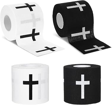 4 Rolls Wrist Tape Baseball with Cross 2in x 23ft Christian Cotton Wrist Wrap for Soccer Football Baseball Gymnastics Boxing Christian Church First Aid Injury WrapWhite+Black