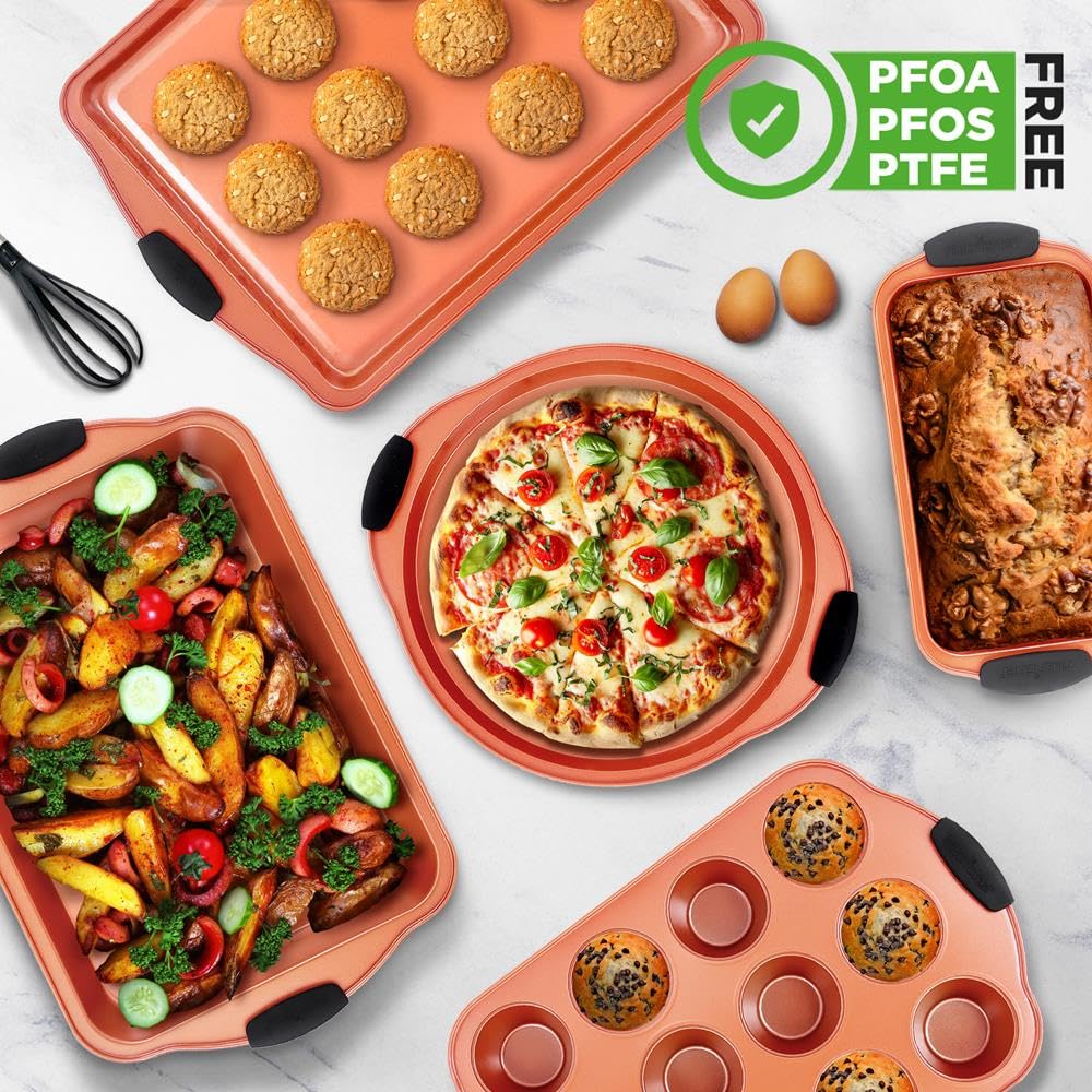 NutriChef Backformen Set 8-teilig, Antihaft mit Silikongriffen- Stapelbar & Spülmaschinengeeignet, Für Kuchen Muffins Brot & Springform, Ideal für Hobbybäcker, Familien und Partys