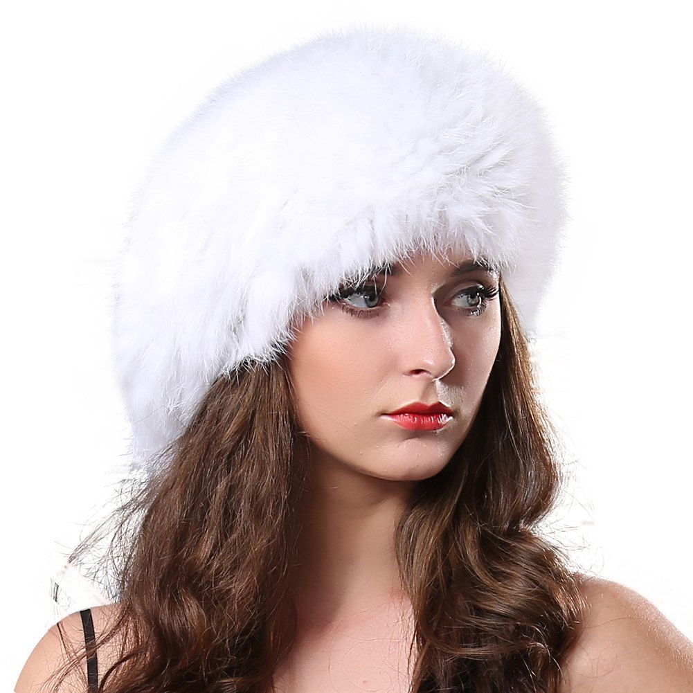 FURTALK Women Winter Fur Beret Hat - Rex Rabbit Fur Knitted Warm Cap Original White
