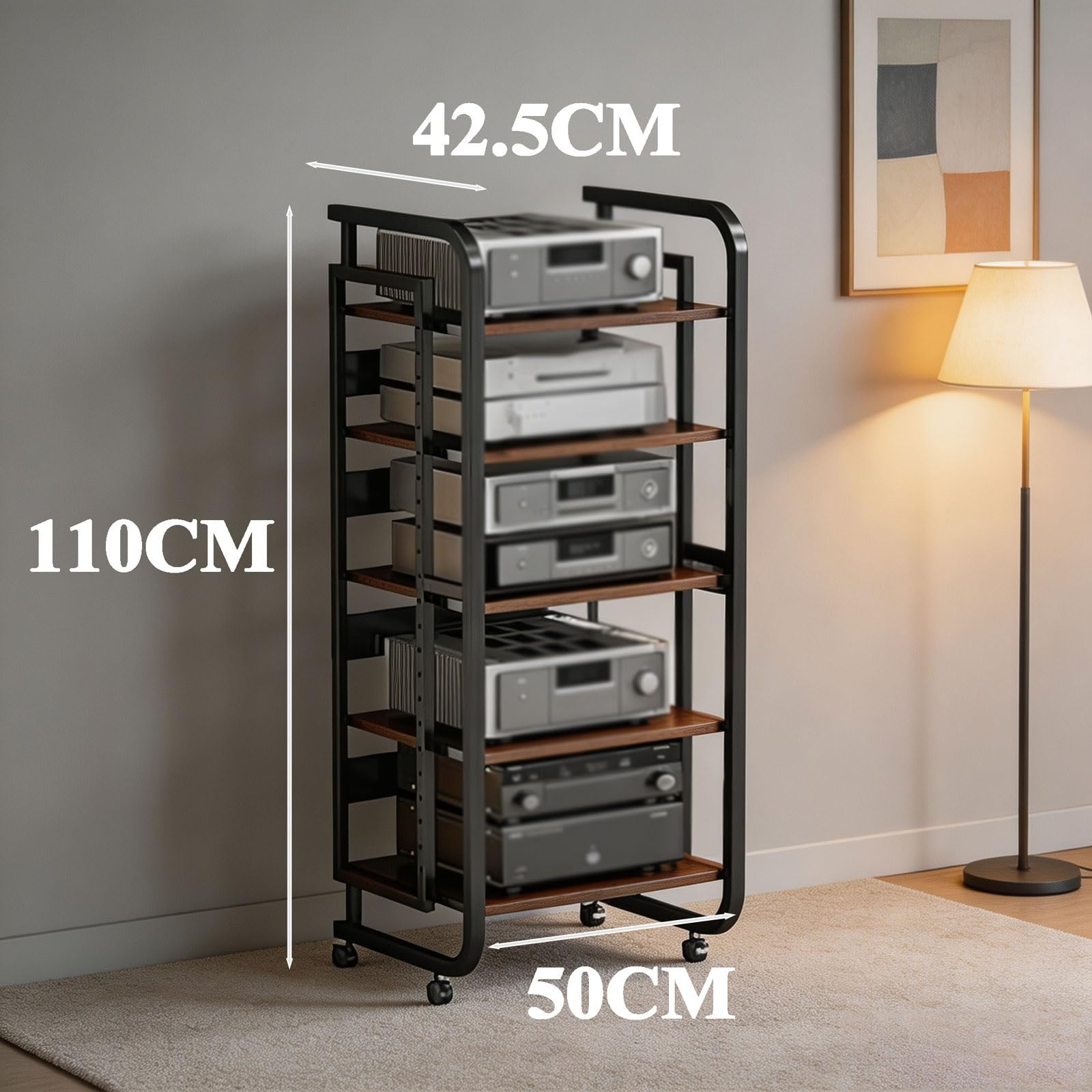 5 Niveles Estanterias Almacenaje, Gran Capacidad De Almacenaje Estante para Vinilos, con Ruedas Giratorias 360°, Estante Audio con Estantes Regulables Altura, Adatto A Molti Scenari