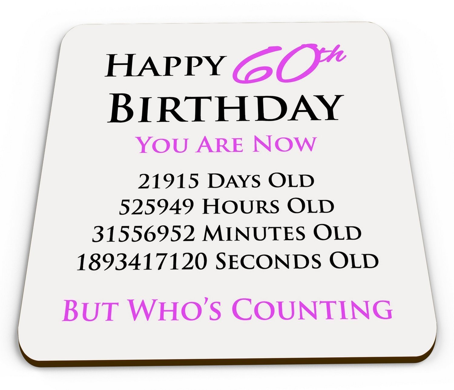 Happy 60th Birthday You are Now Days Hours Minutes Seconds Old Novelty Glossy Mug Coaster - Pink