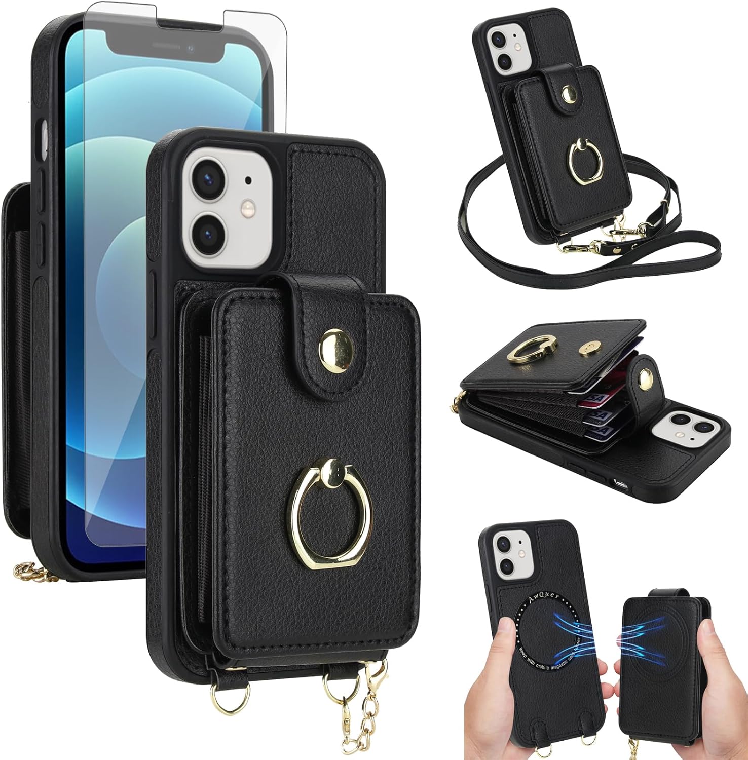 Asuwish Phone Case for iPhone 12 Pro iPhone12 6.1 Wallet Cover Magnetic Detachable and Screen Protector Ring Kickstand Compatible with MagSafe RFID Blocking iPhone12pro 5G i 12s 12pro for Women Black
