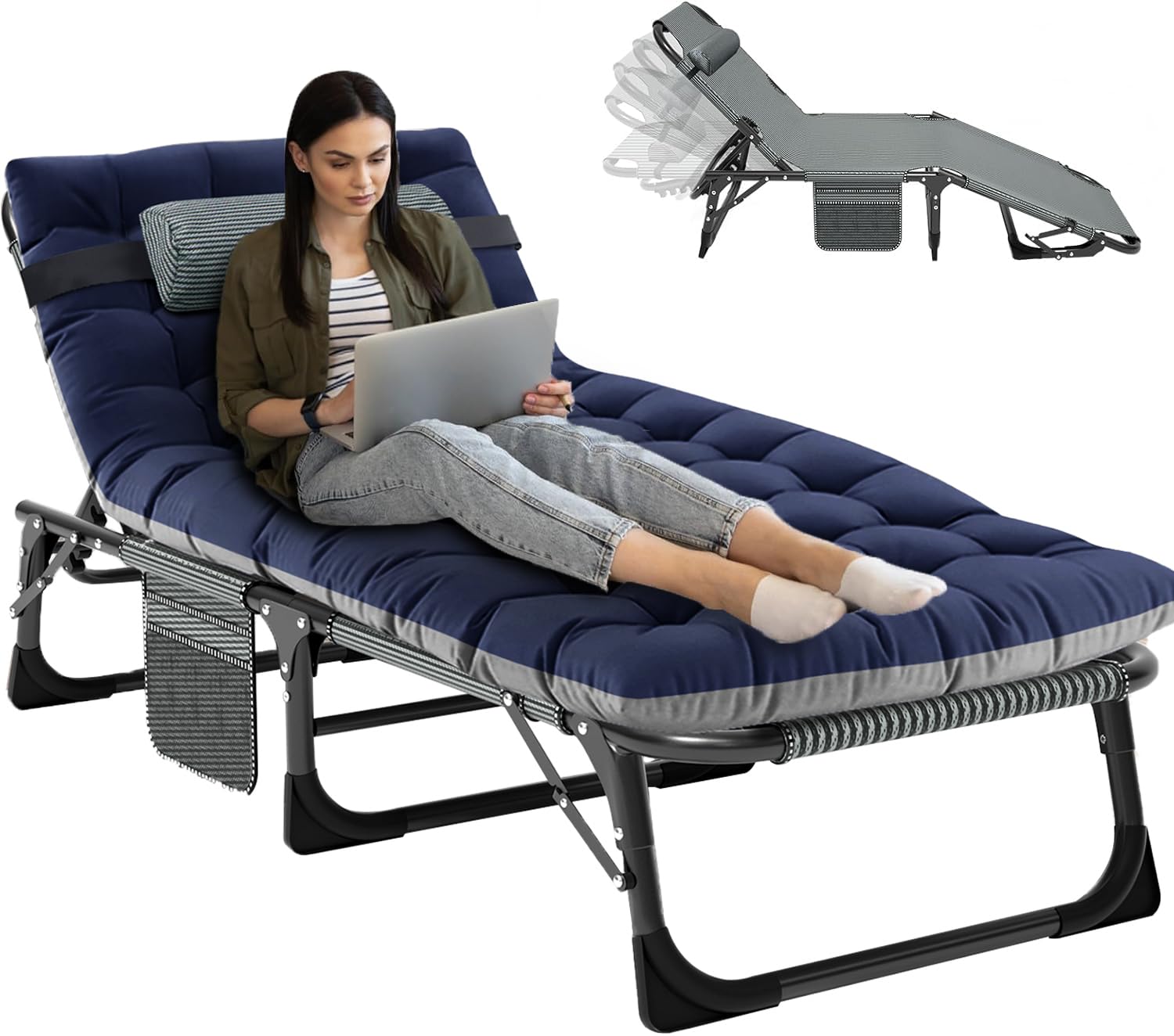 ZIKEBTUY Sunloungers Folding Bed 190 x 68 x 28 CM Sun lounger Folding Guest Bed Single with Mattress Side-Pocket and Adjustable Backrest, for Spare Temporary Office Nap Patio (Blue)
