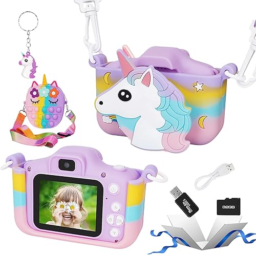 Unicorn Kids Camera for Girls, Christmas Birthday Gifts for Girls Age 3-8, HD Selfie Digital Video Camera for Toddler, Cute Toy Camera with 32GB SD