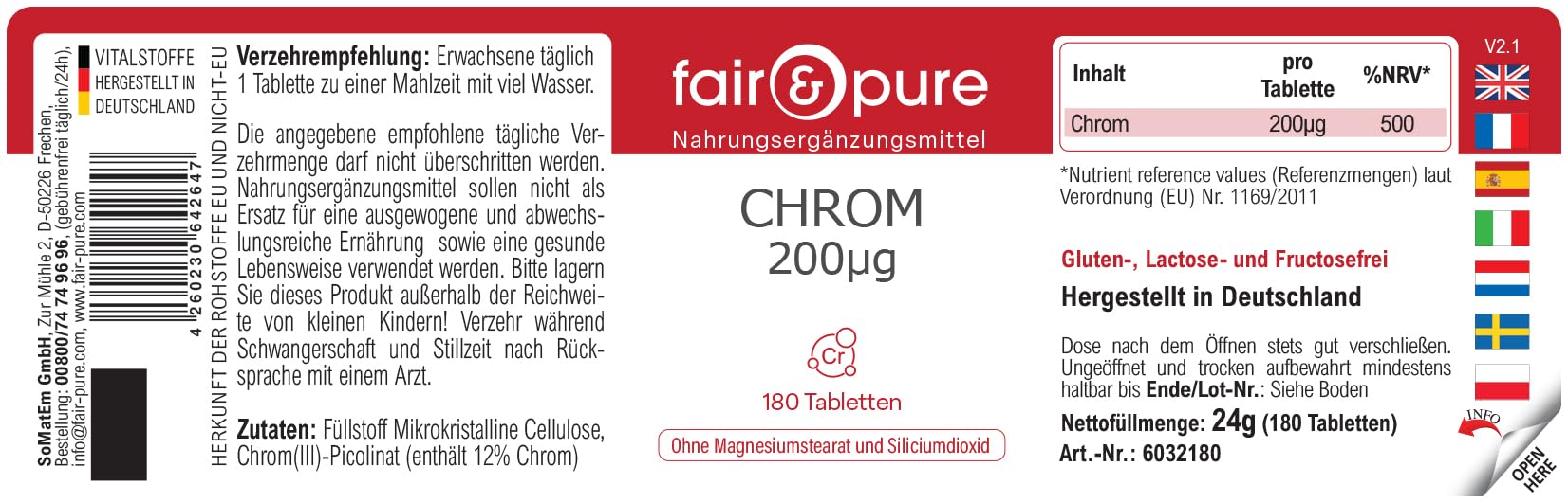 Tabletki chromu Fair & Pure 200 μg, 180 tabletek, wegański suplement diety bez dodatków, wyprodukowano w Niemczech