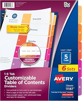 Avery 5 Tab Dividers for 3 Ring Binders, Customizable Table of Contents, Multicolor Tabs, 6 Sets 11187