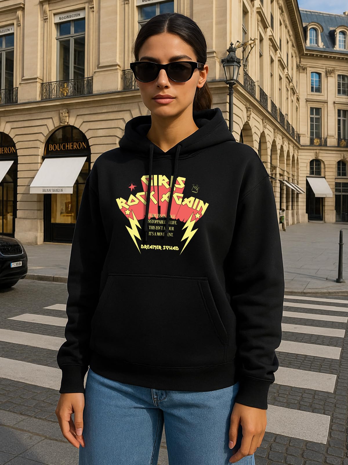 JUNEBERRY® Bluza z kapturem z polibawełny o kroju oversize, opadające ramiona, długi rękaw, nadruk graficzny z przodu, damska bluza z kapturem (rozmiar: S-3XL)