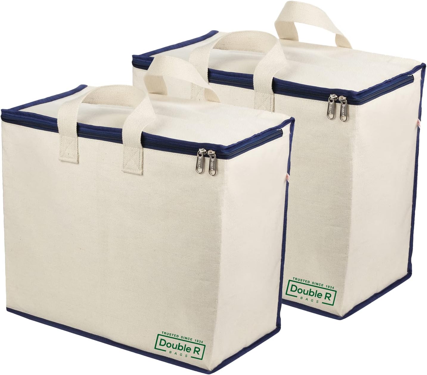 DOUBLE R BAGS Multipurpose Clothes & Grocery Storage Organizer with Reinforced Cotton Handles, Zip Cover & 1 Compartment – Heavy Duty Canvas Bags (Navy, 43x27.9x43 cm, Pack of 2)