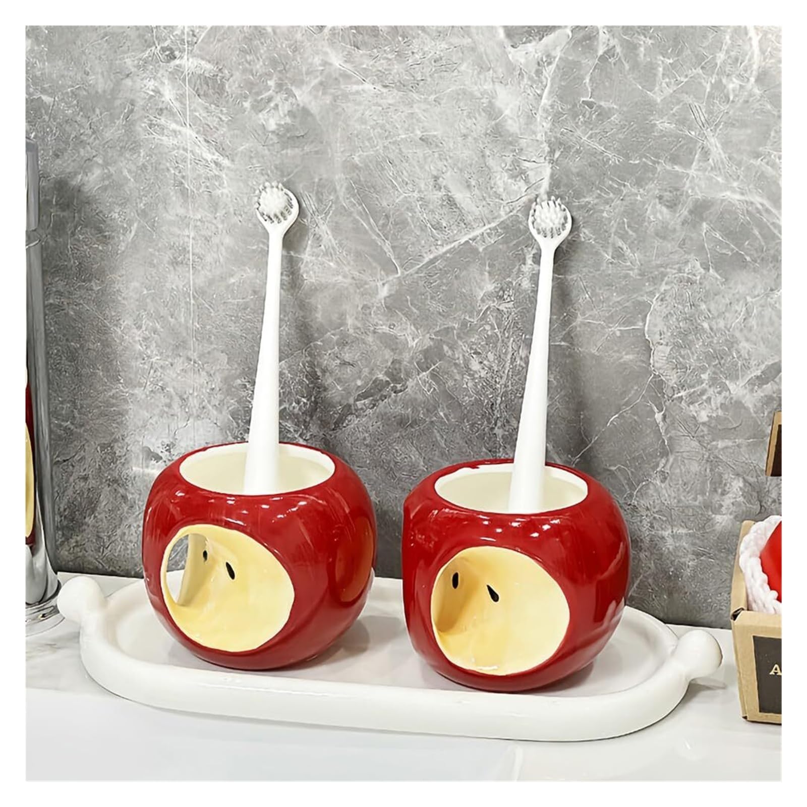 Porta brochas de Maquillaje Soportes de cerámica for cepillos Dientes y Pasta, Tazas for Enjuague bucal, Vasos baño con Forma Manzana Organizador de Accesorios